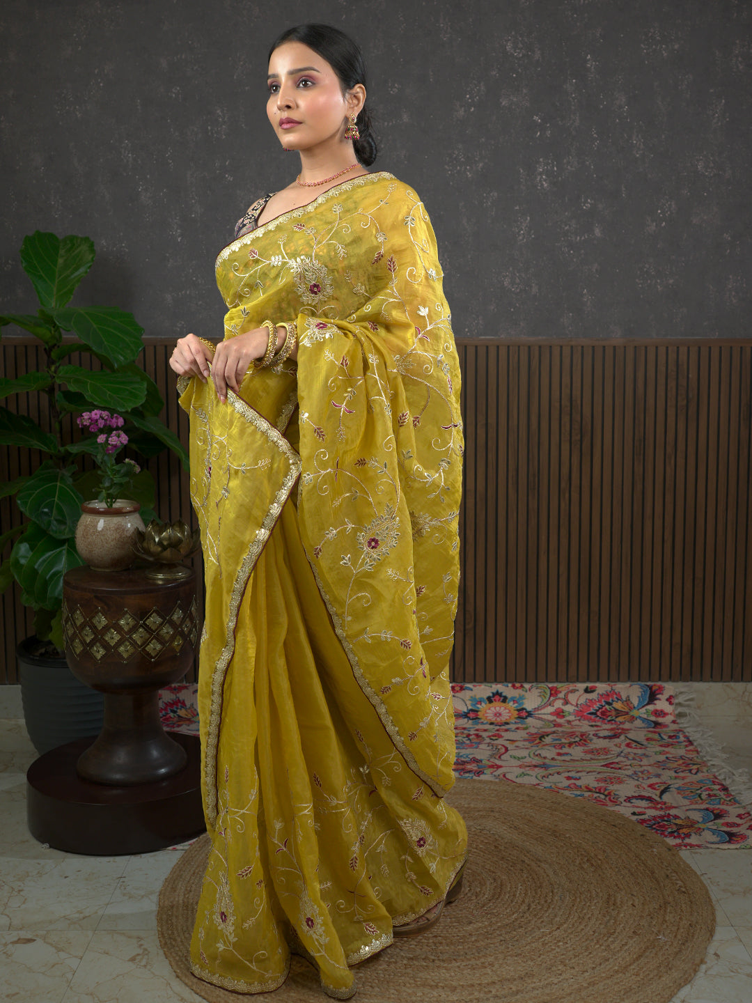 Gota Mustard Embroidered Saree