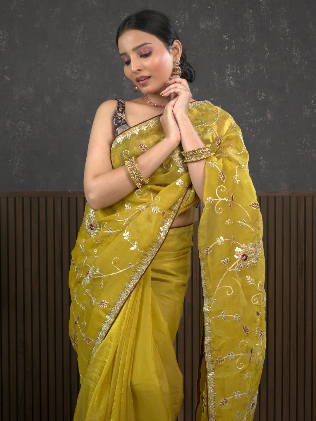 Gota Mustard Embroidered Saree