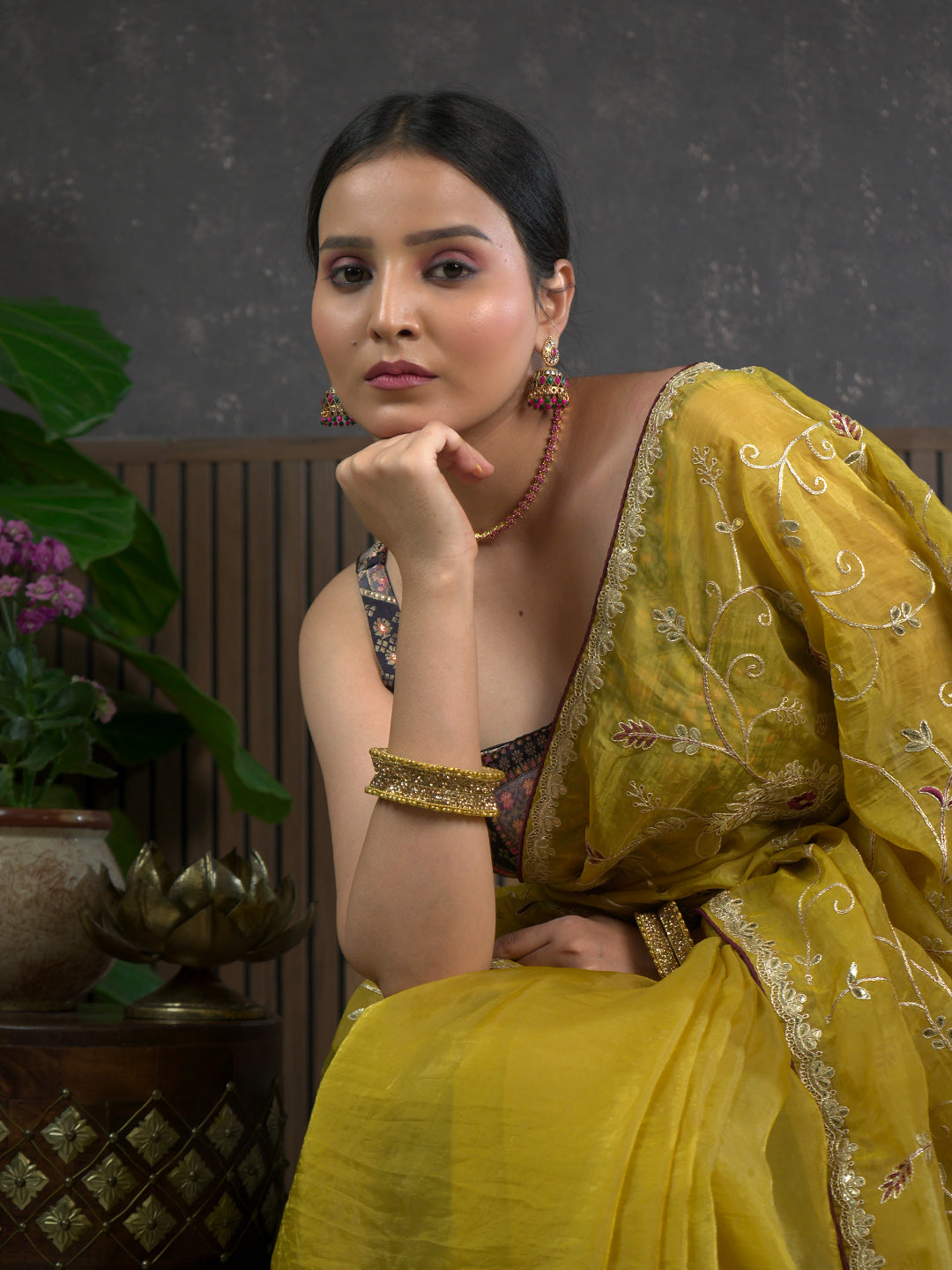Gota Mustard Embroidered Saree