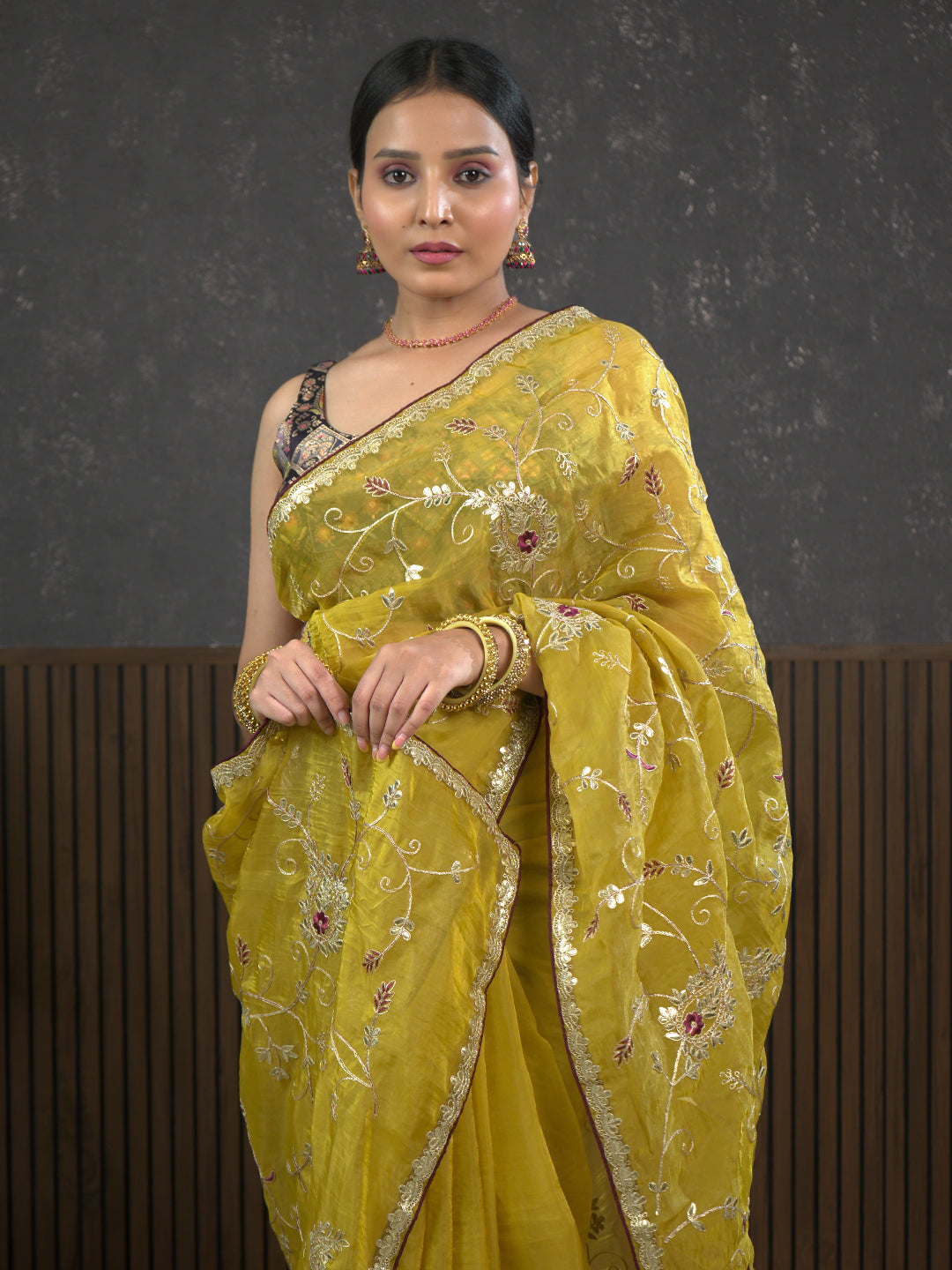 Gota Mustard Embroidered Saree