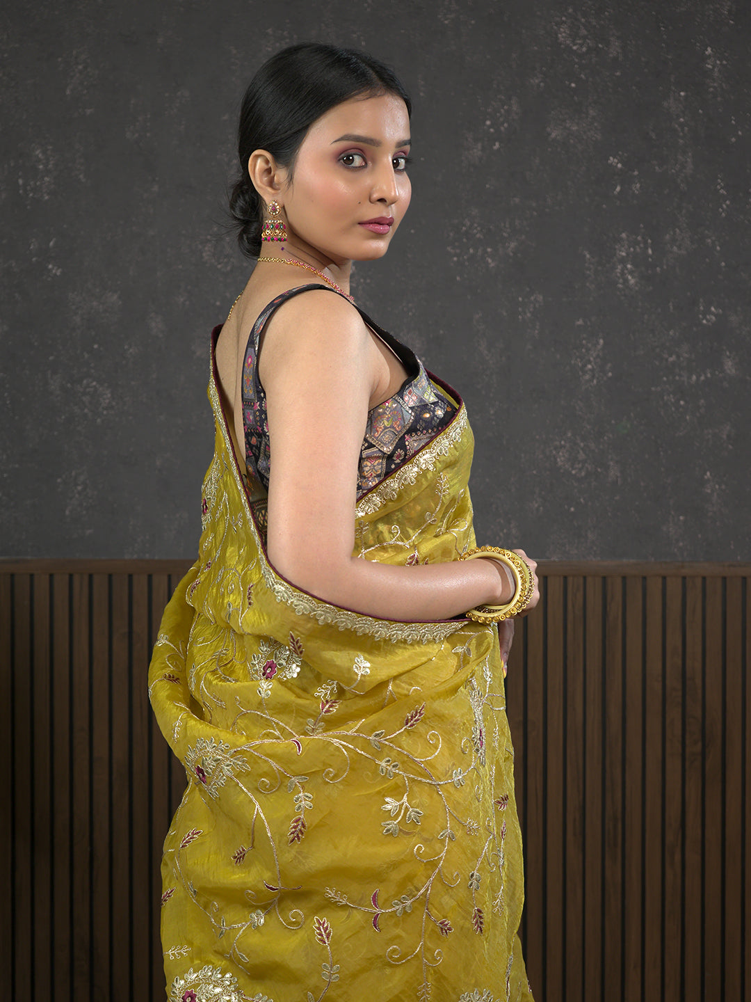 Gota Mustard Embroidered Saree