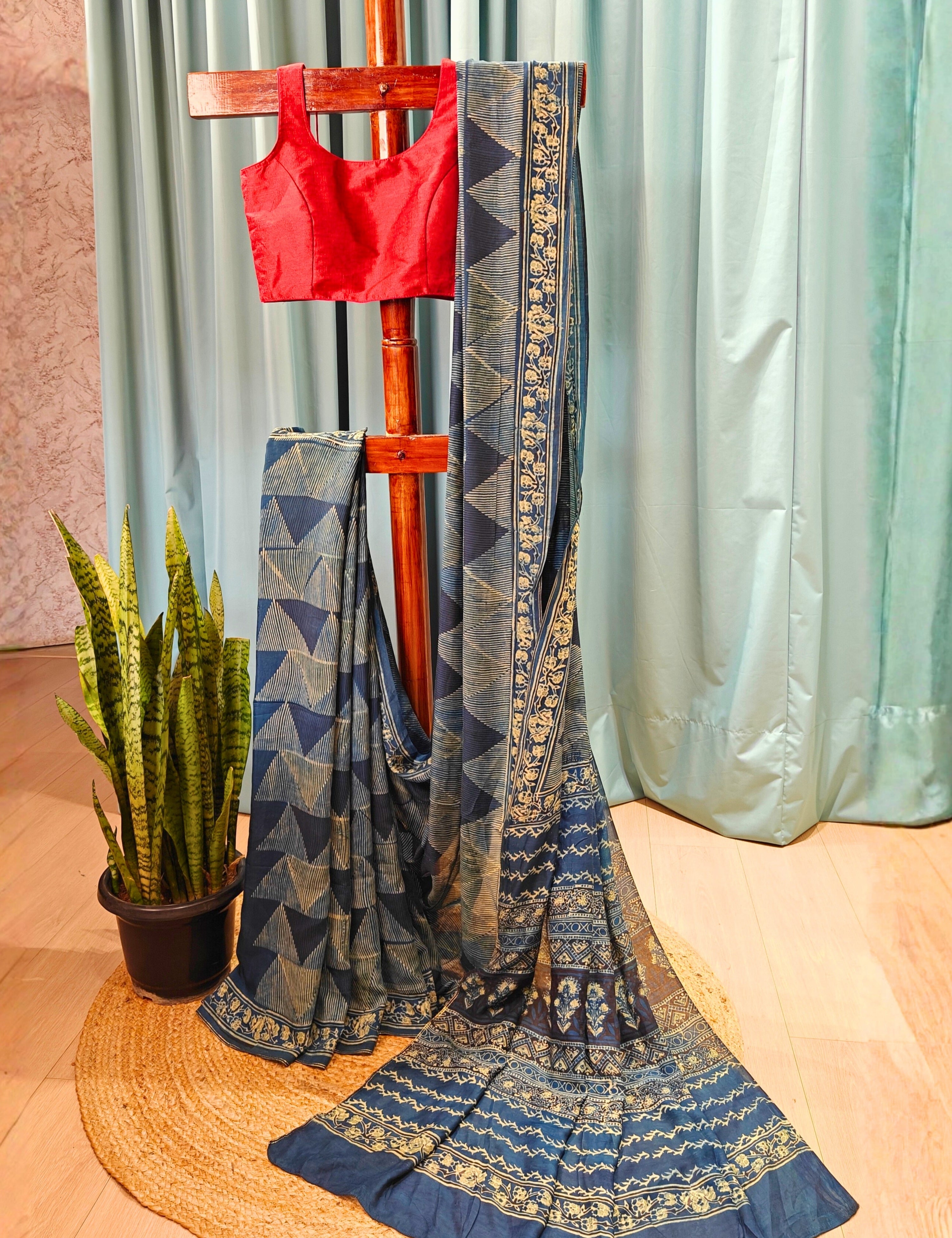 Tikon Blue Ajrakh Saree