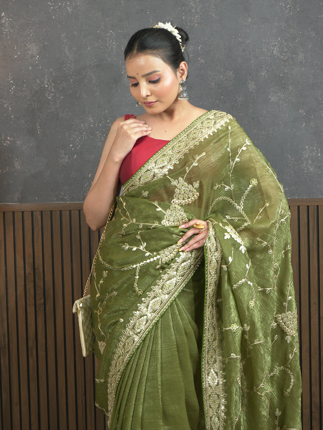 Gota Olive Embroidered Saree