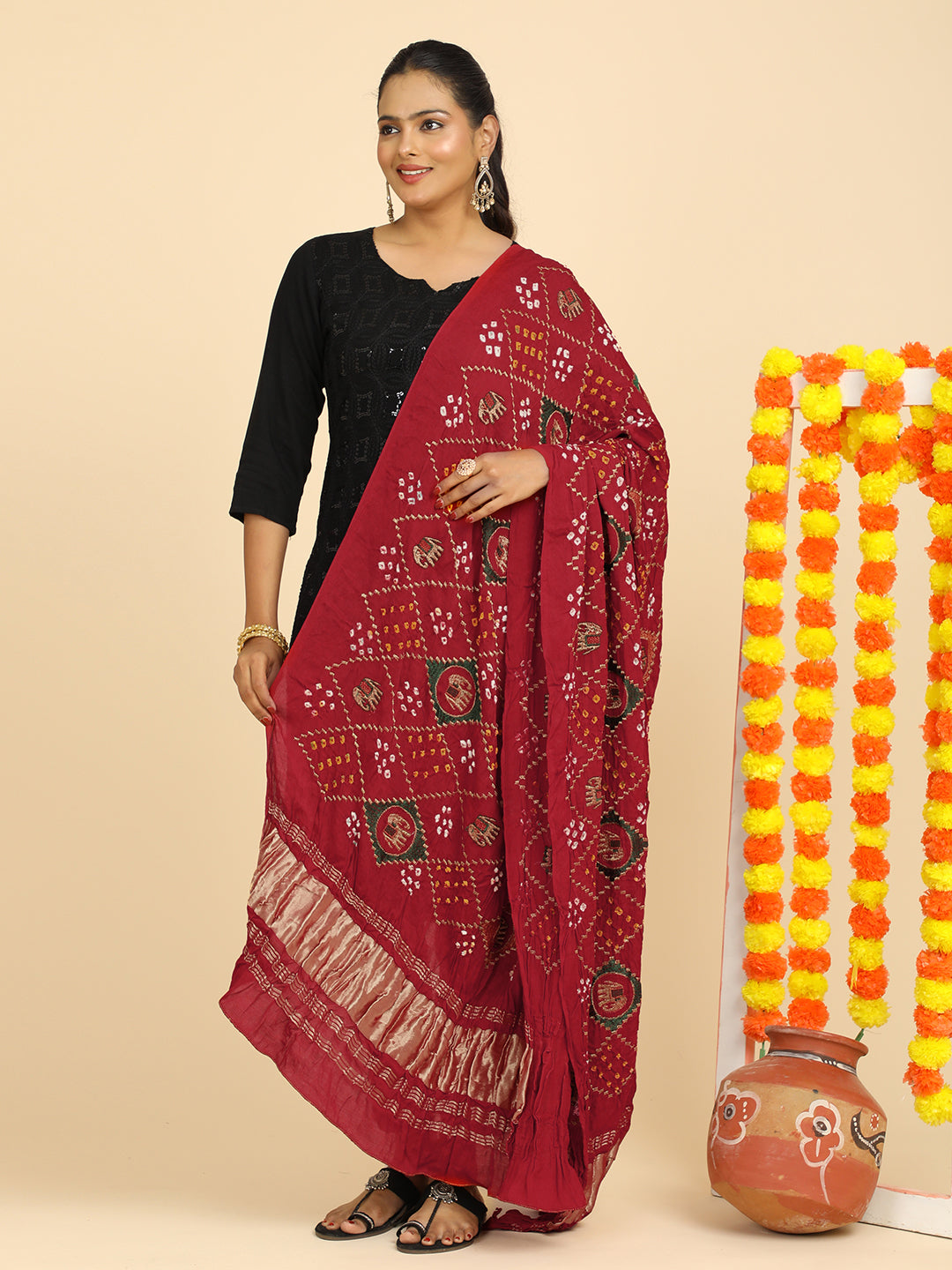 Gajgamini Red Bandhini Dupatta