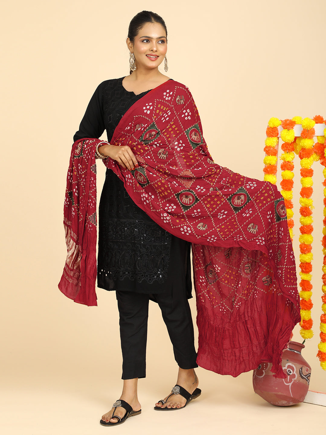 Gajgamini Red Bandhini Dupatta