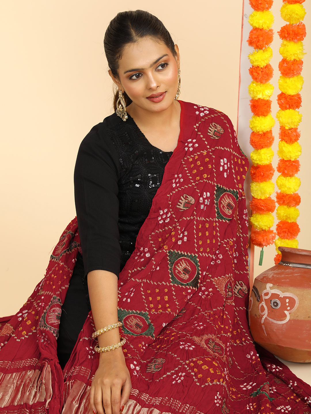 Gajgamini Red Bandhini Dupatta