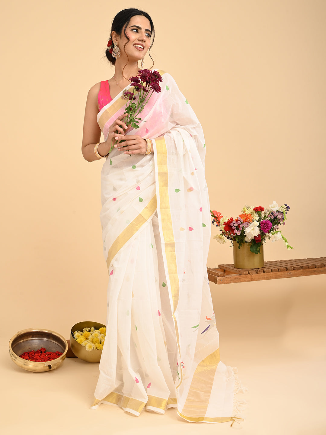 Popat White Venkatagiri Saree