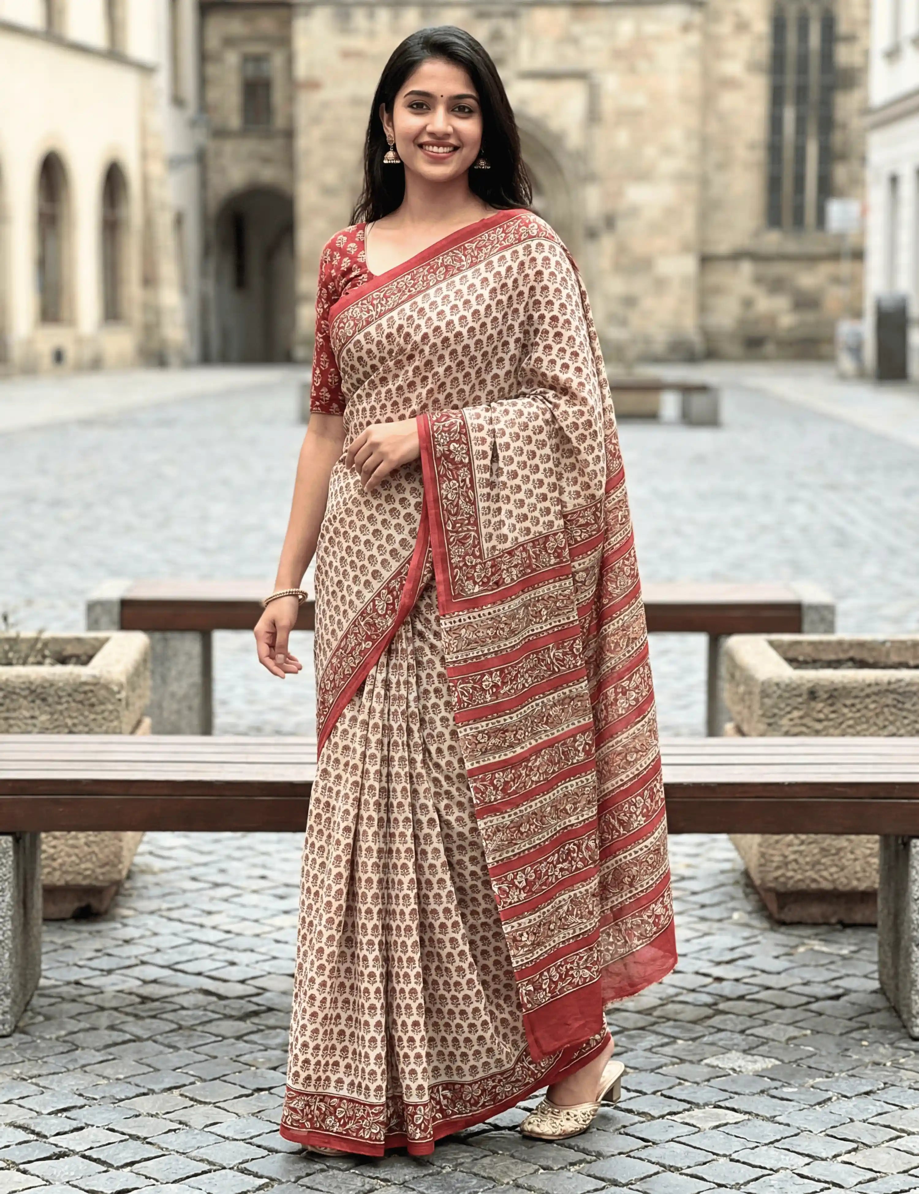 Indus Beige Bagru Saree