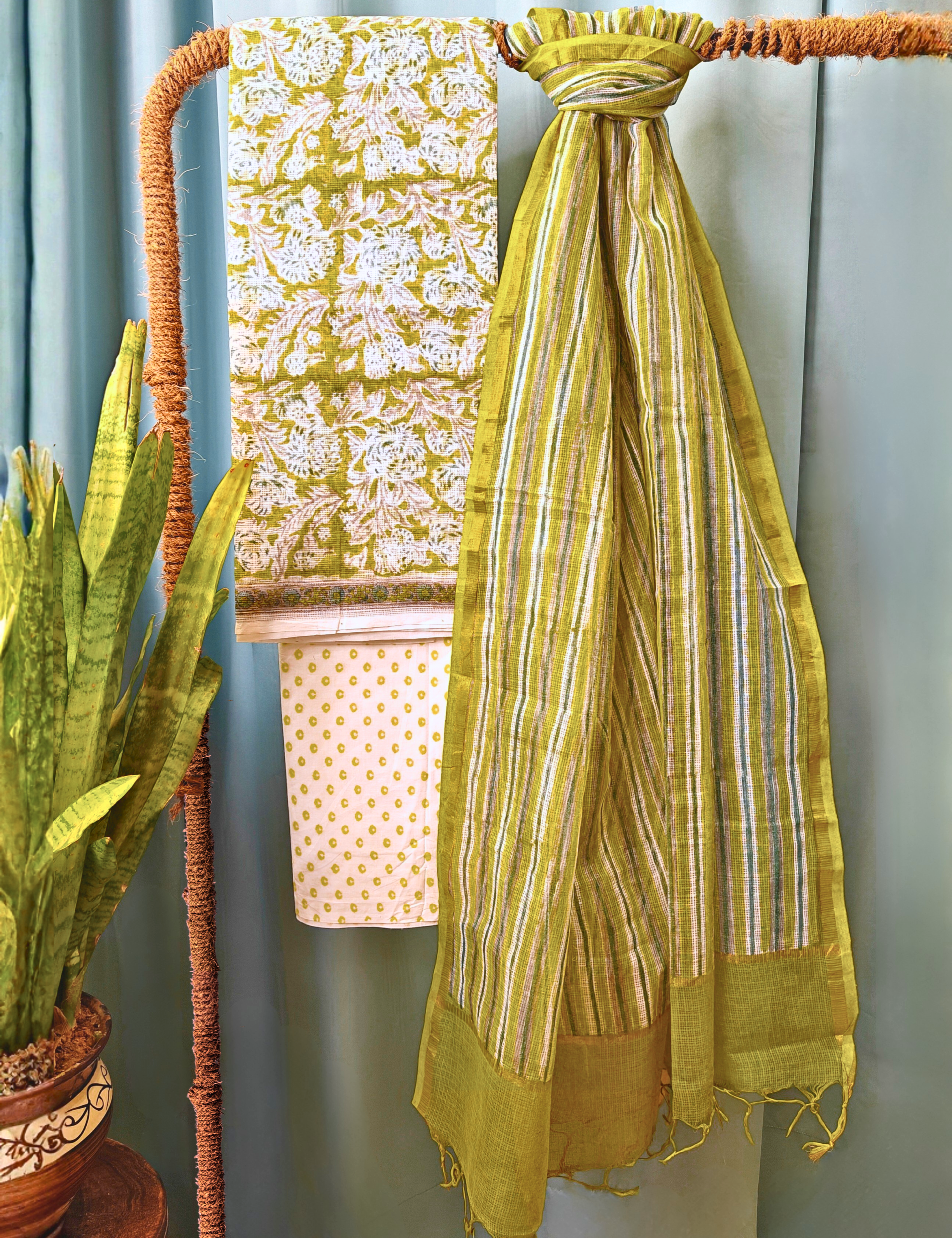 Vaayu Limegreen Bagru Dress Material