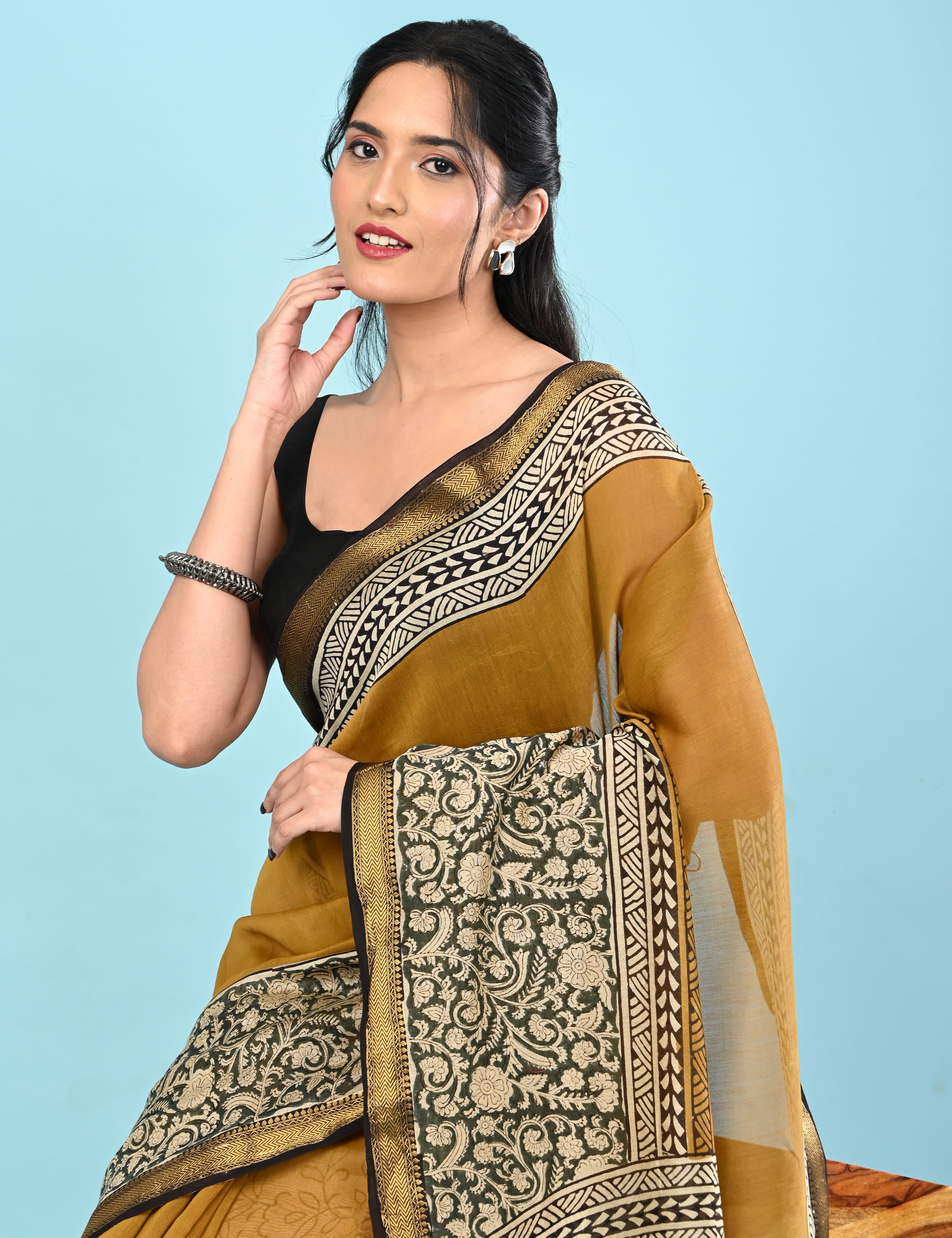 Pushpavali Mustard Block Print Saree