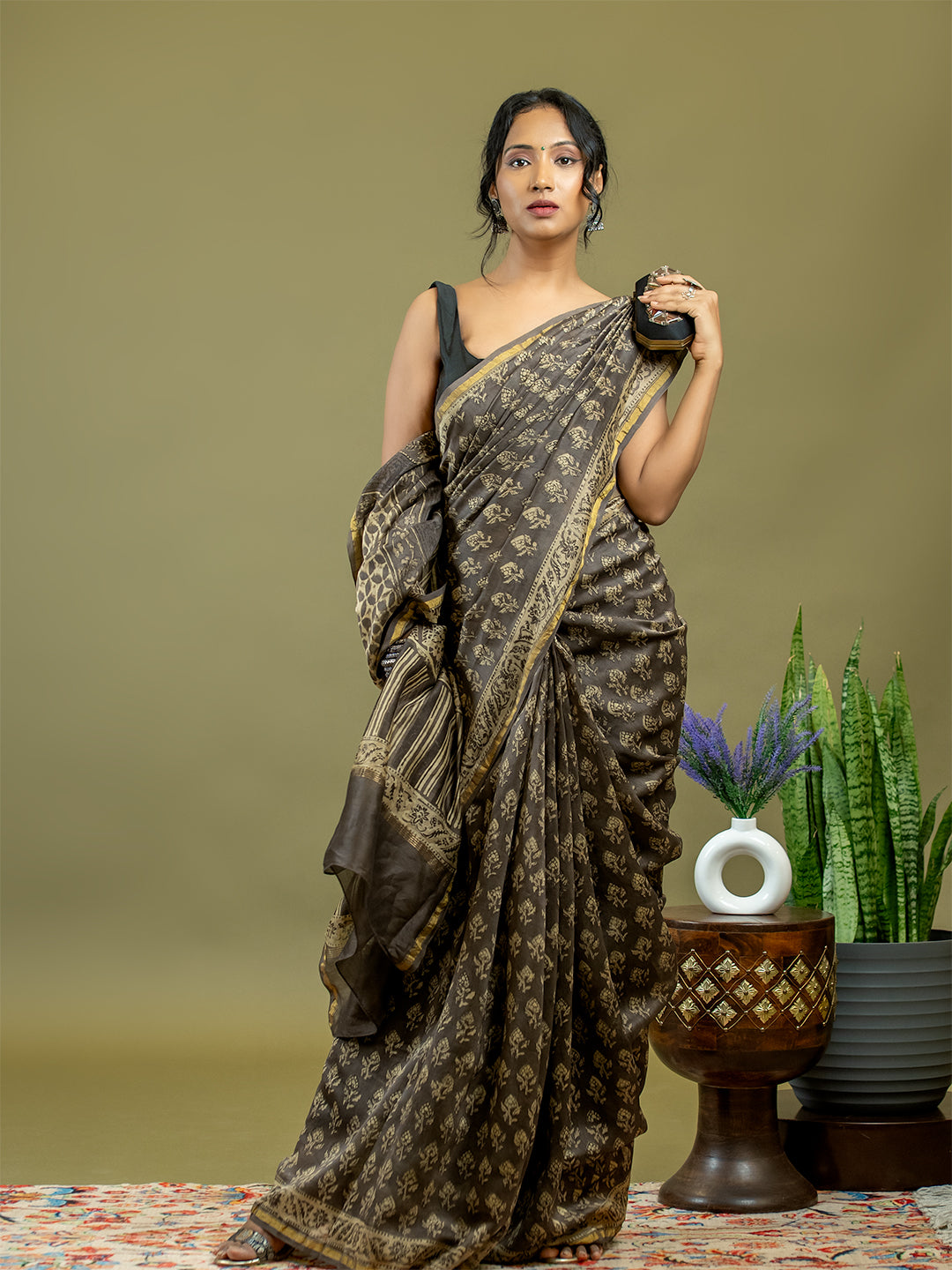 Saanjhi Brown Ajrakh Saree