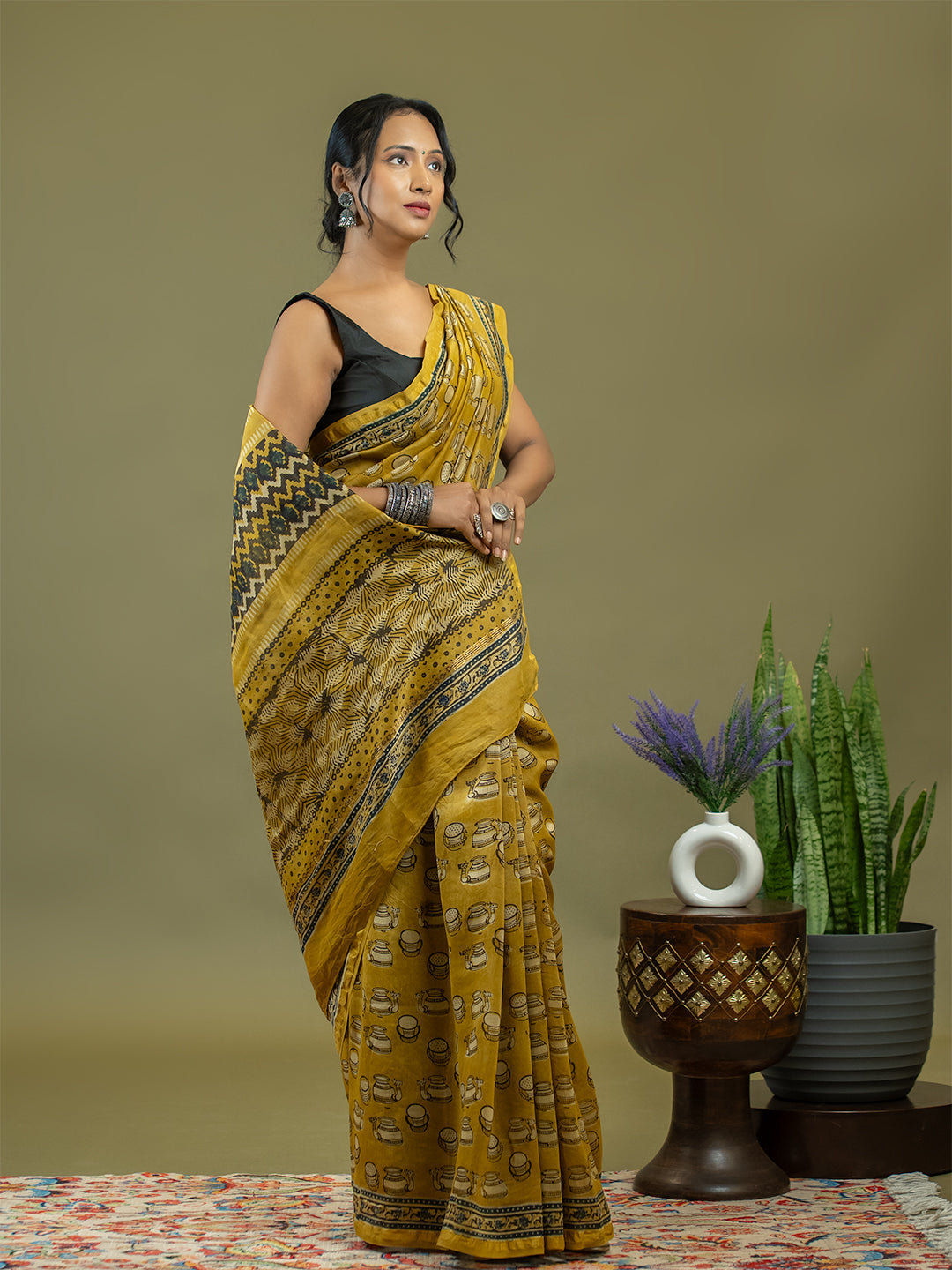 Avani Mustard Ajrakh Saree