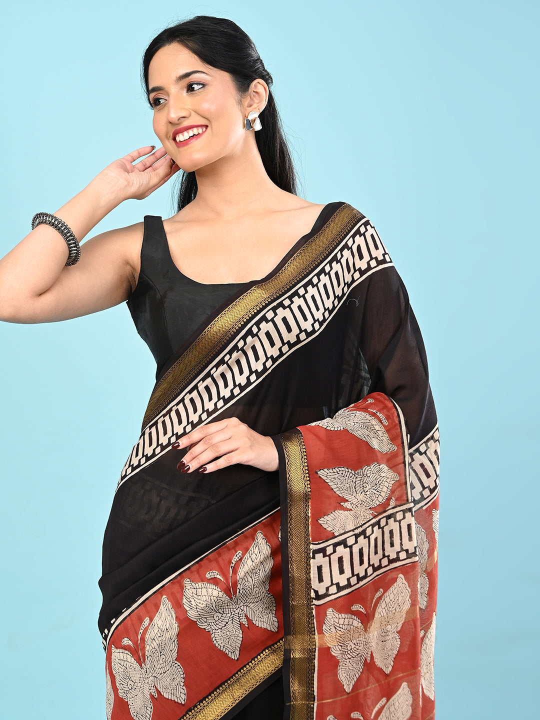 Pushpavali Black Block Print Saree