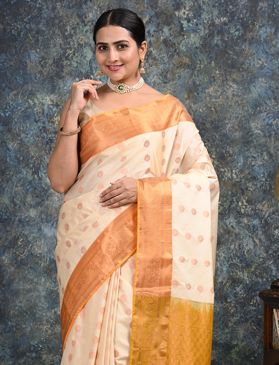 Moksha Off White Kanjeevaram Saree