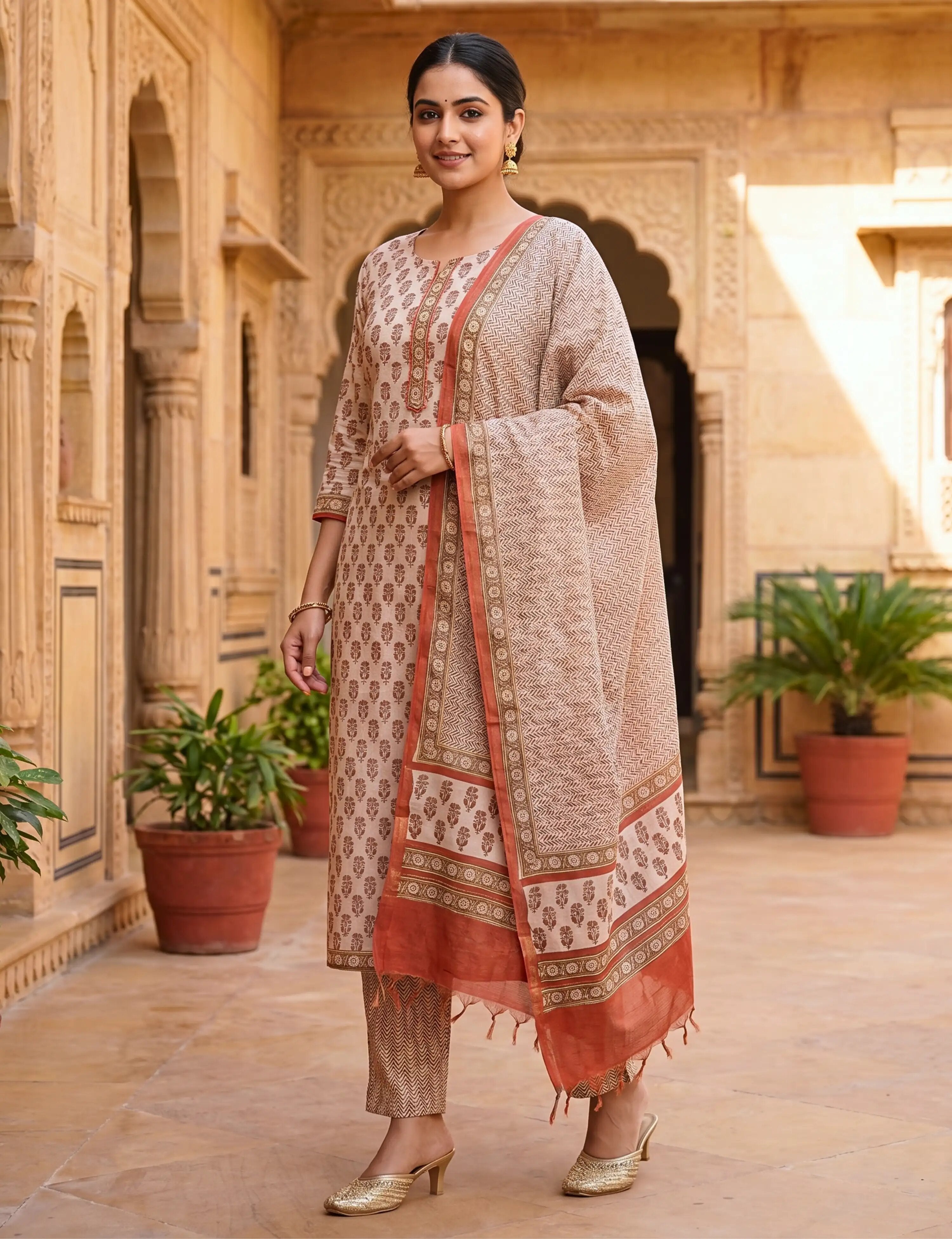 Zhanak Khaki Bagru Dress Material