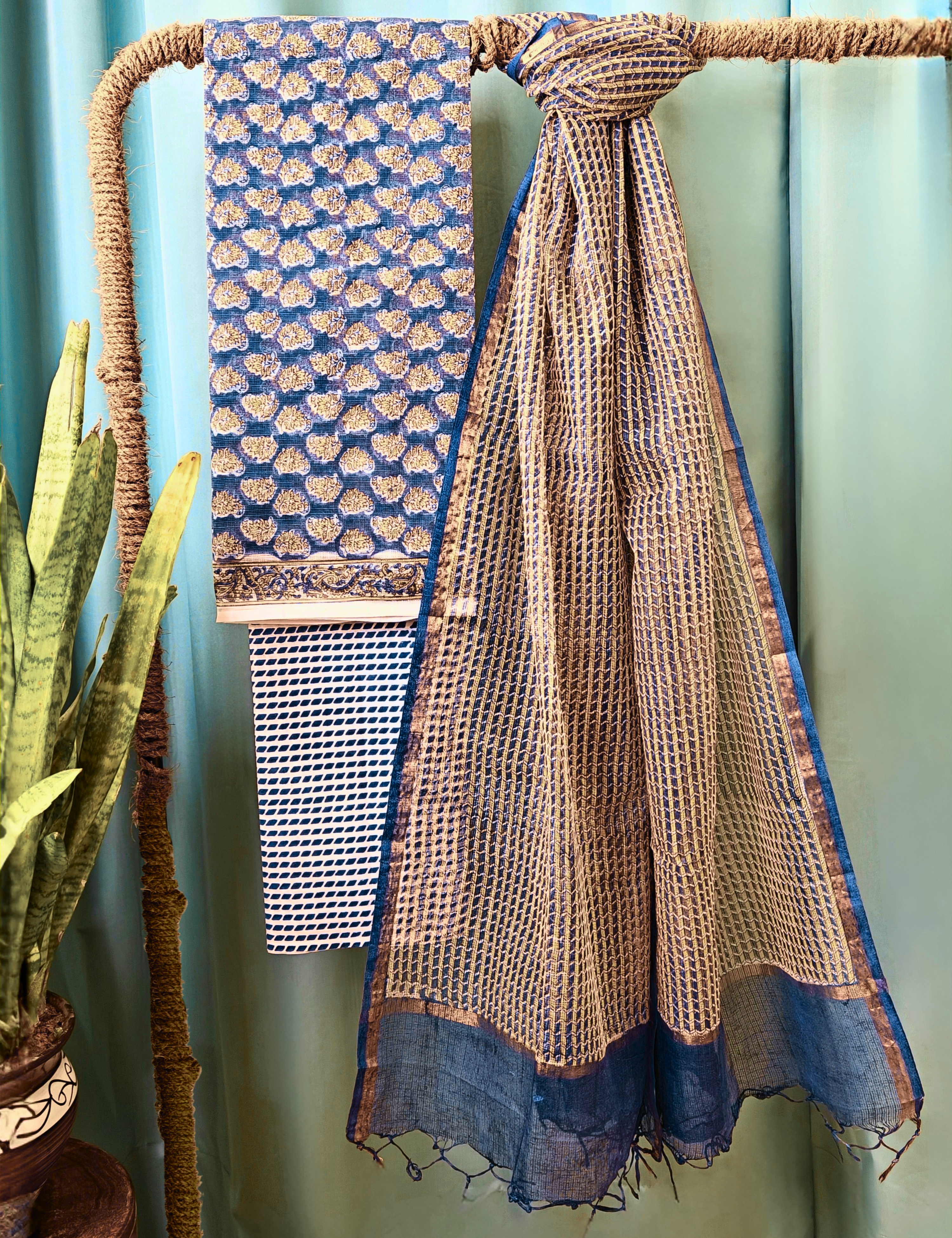 Vaayu Cobalt Blue Bagru Dress Material