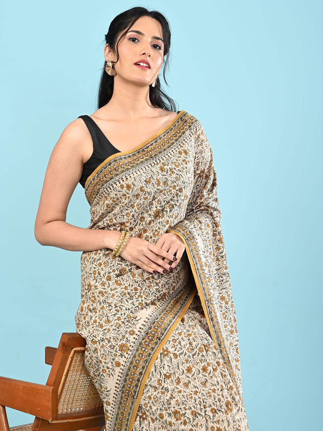 Chaap Khaki Bagru Saree