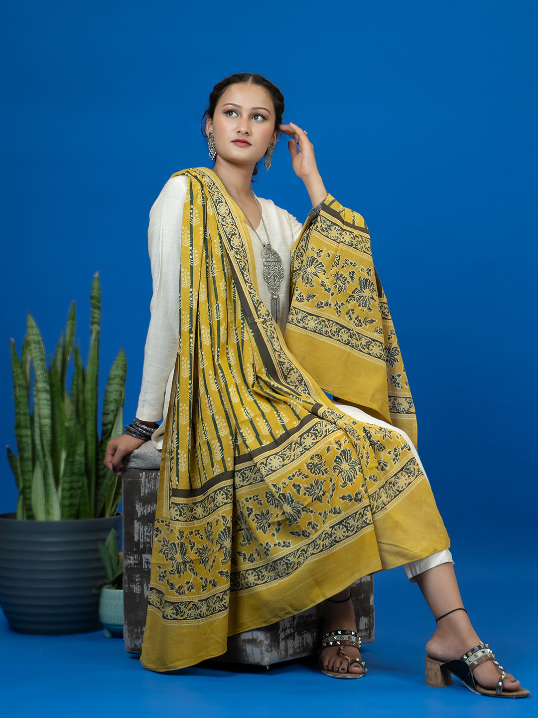 Kapas Mustard Ajrakh Dupatta