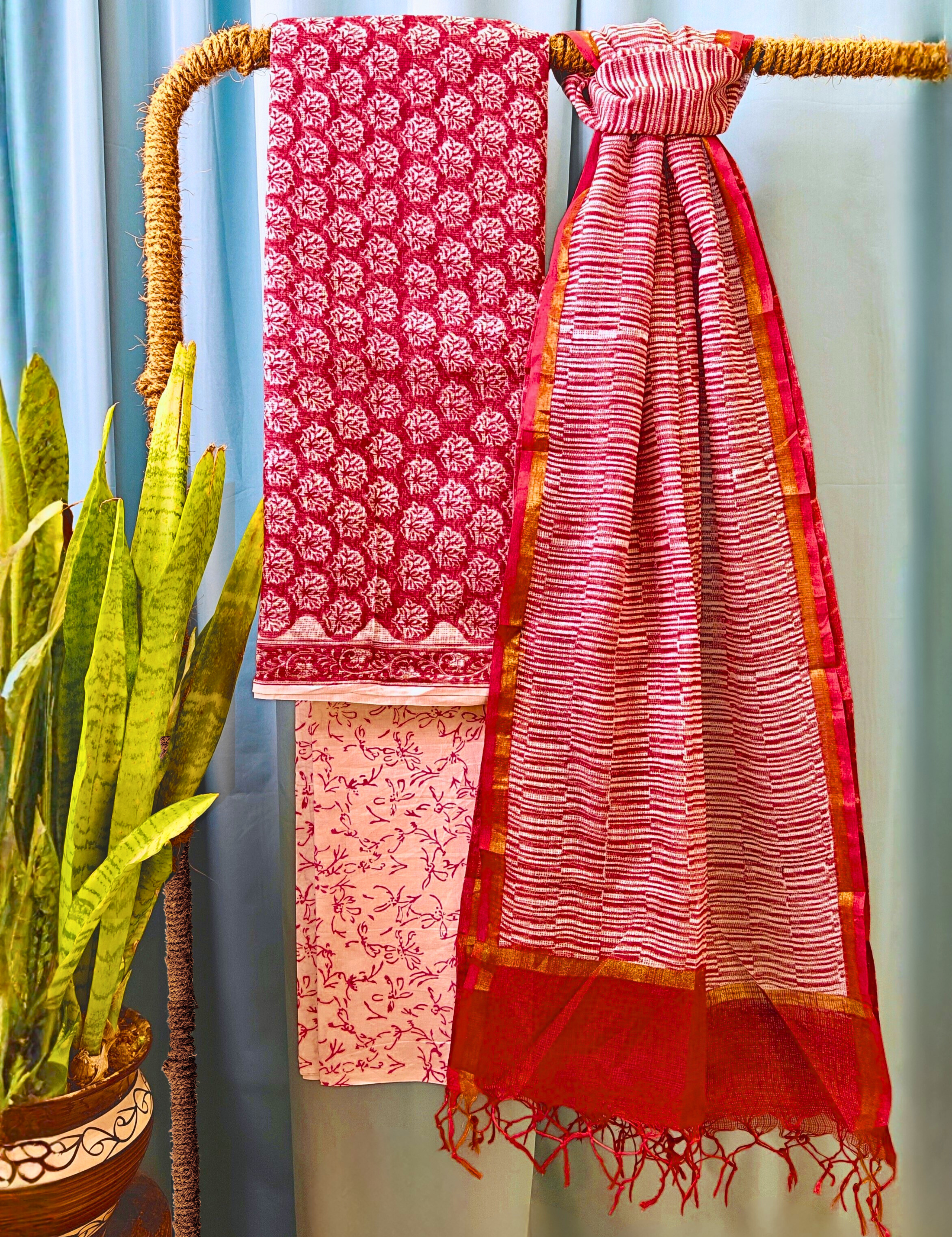 Vaayu Maroon Bagru Dress Material