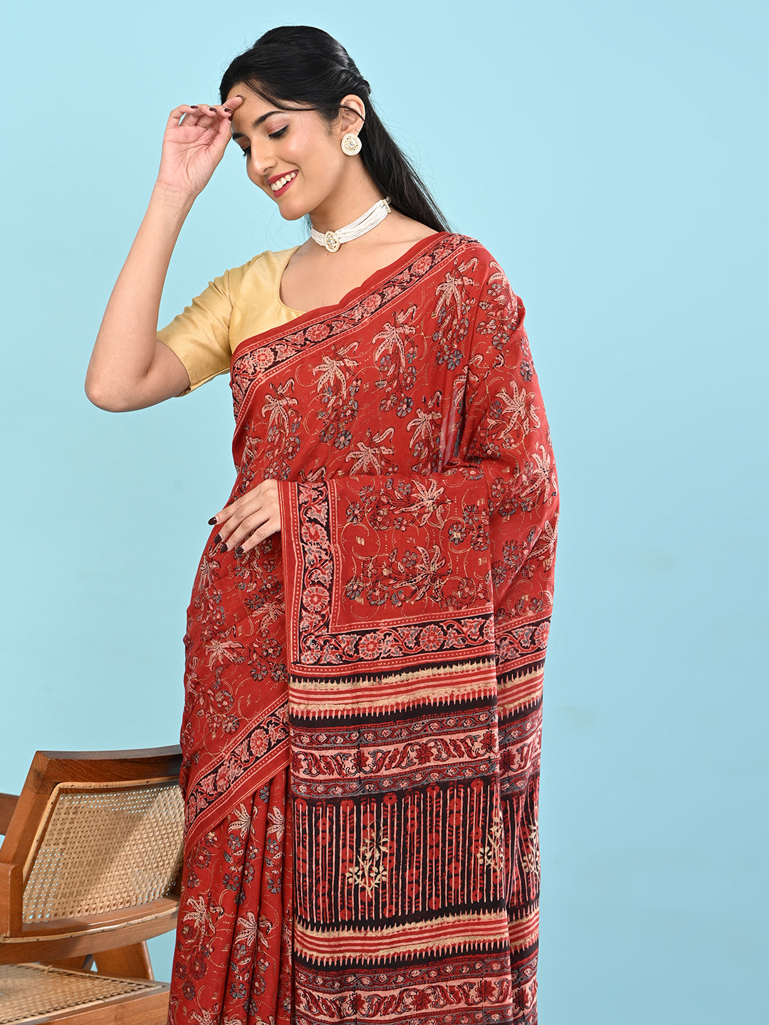 Sunheri Red Ajrakh Saree