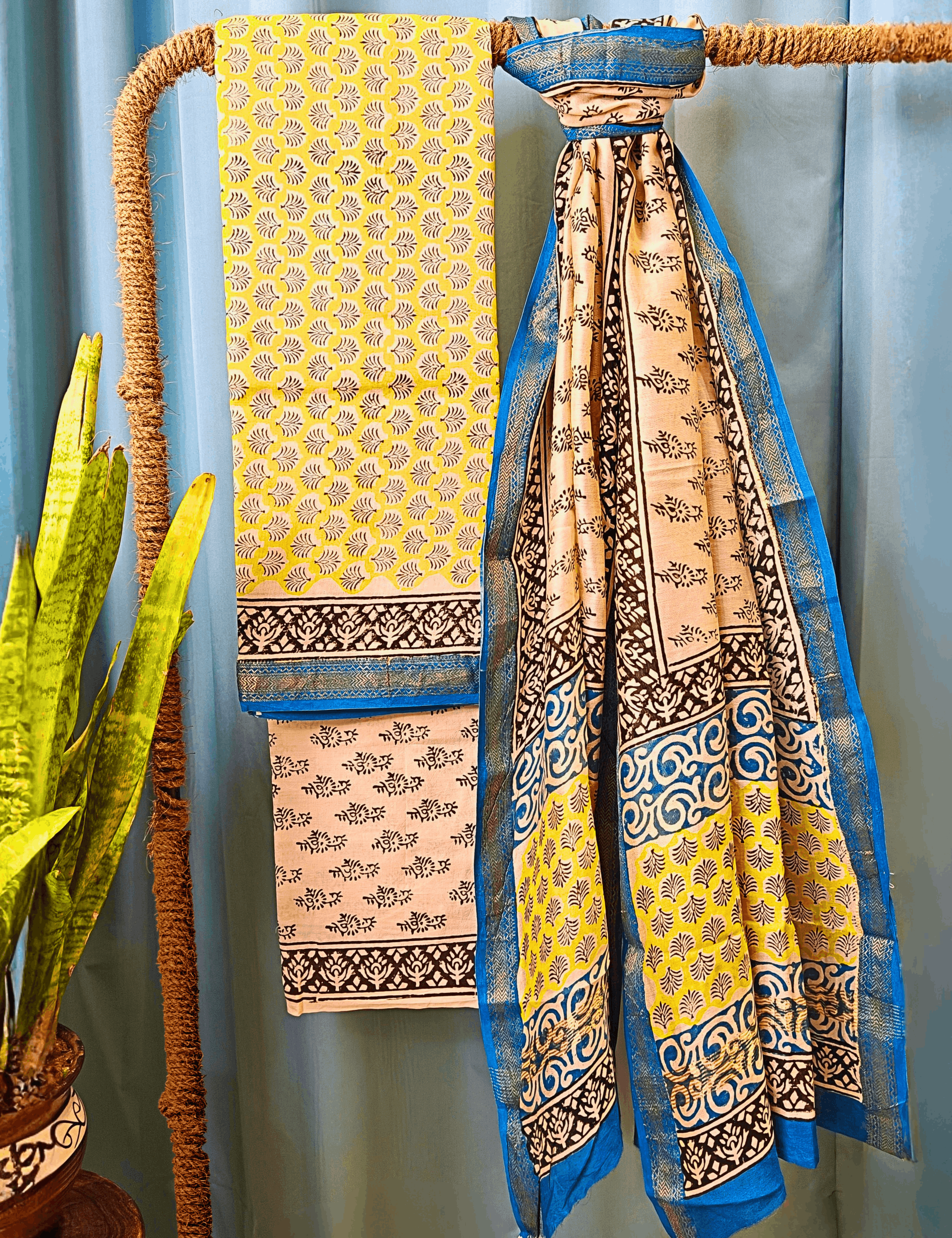 Rangeen Yellow Bagru Dress Material