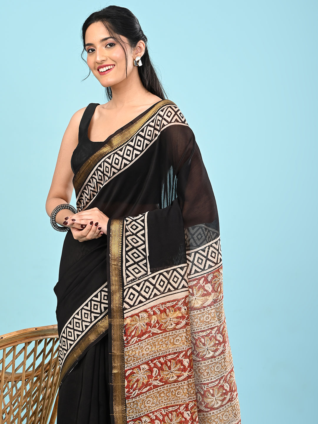 Pushpavali Black Block Print Saree