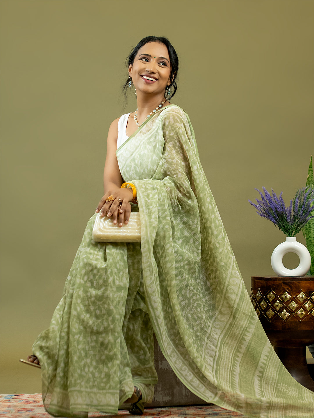 Vistaar Lime Green Dabu Saree