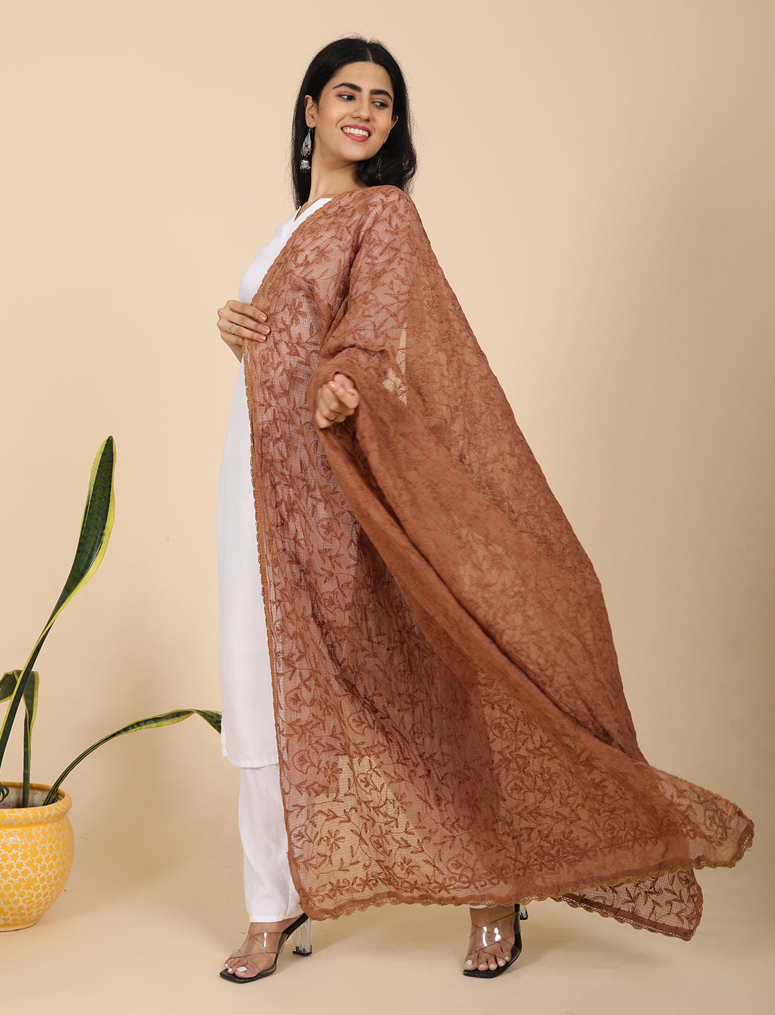 Bunna Brown Chikankari Dupatta