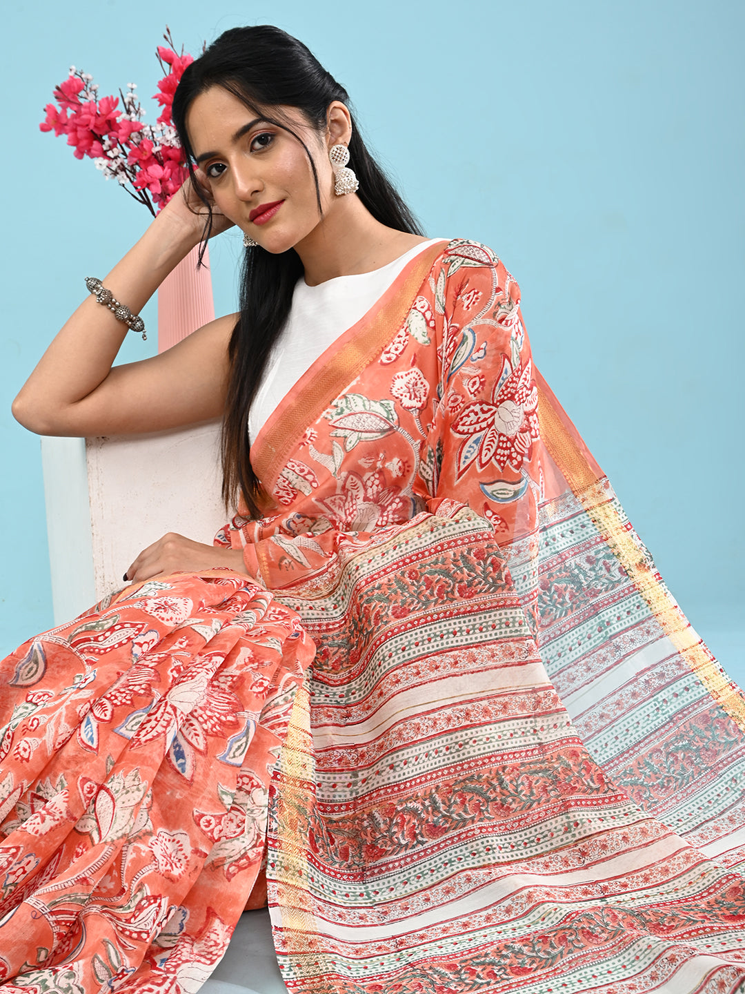 Marupushpa Coral Block Print Saree