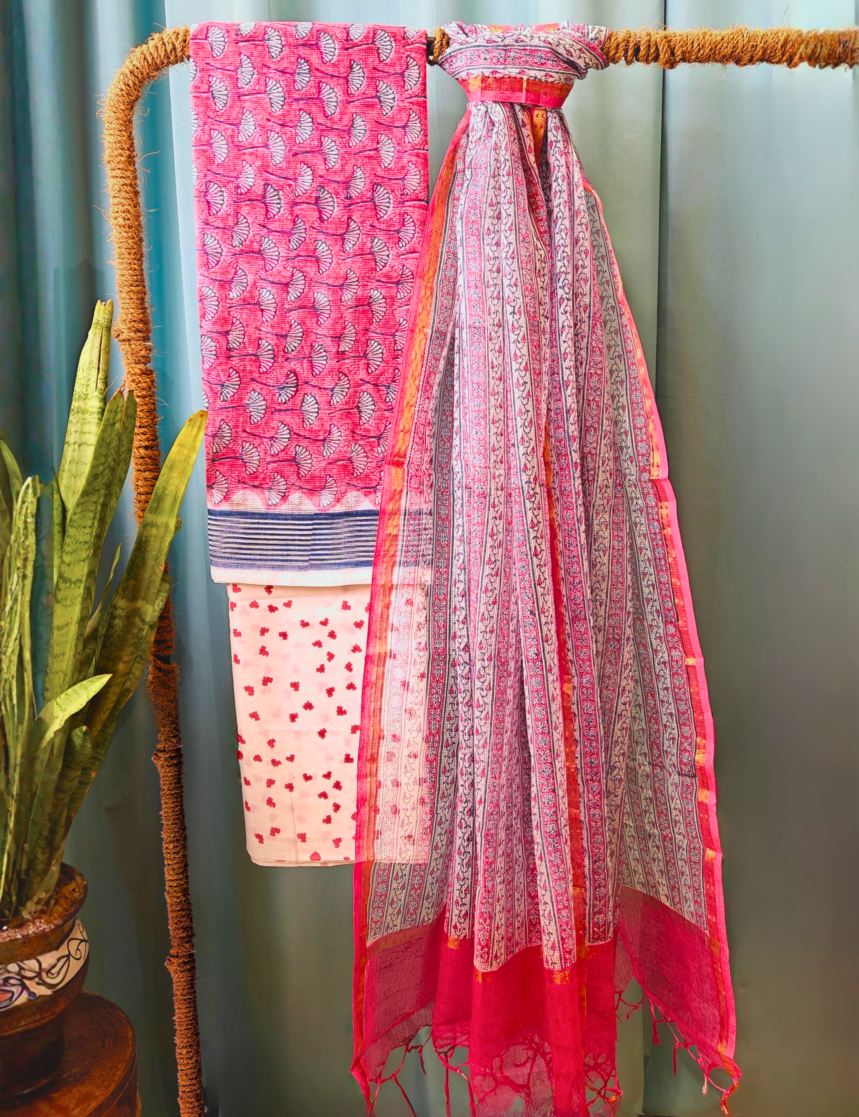 Vaayu Pink Bagru Dress Material