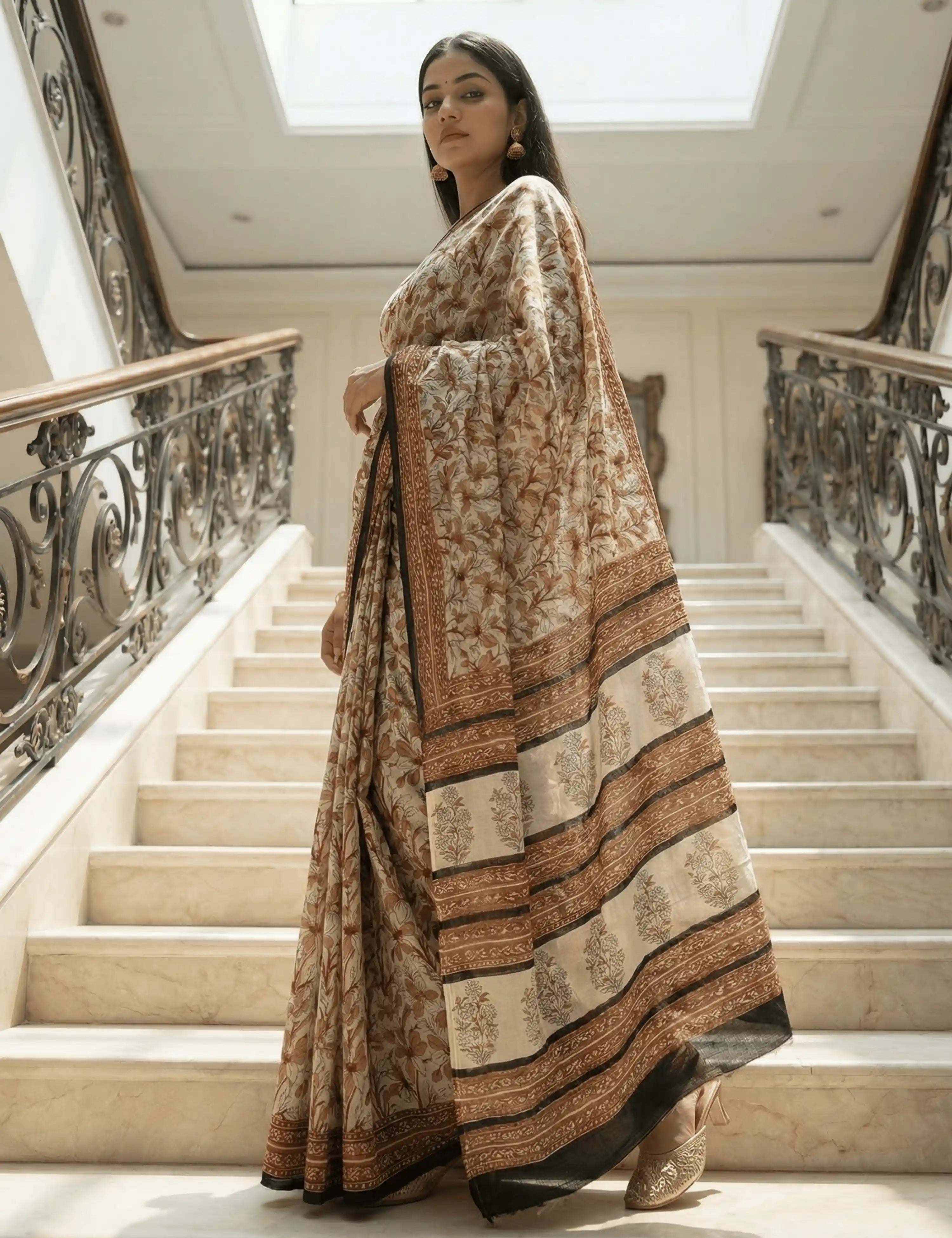 Indus Cream Bagru Saree