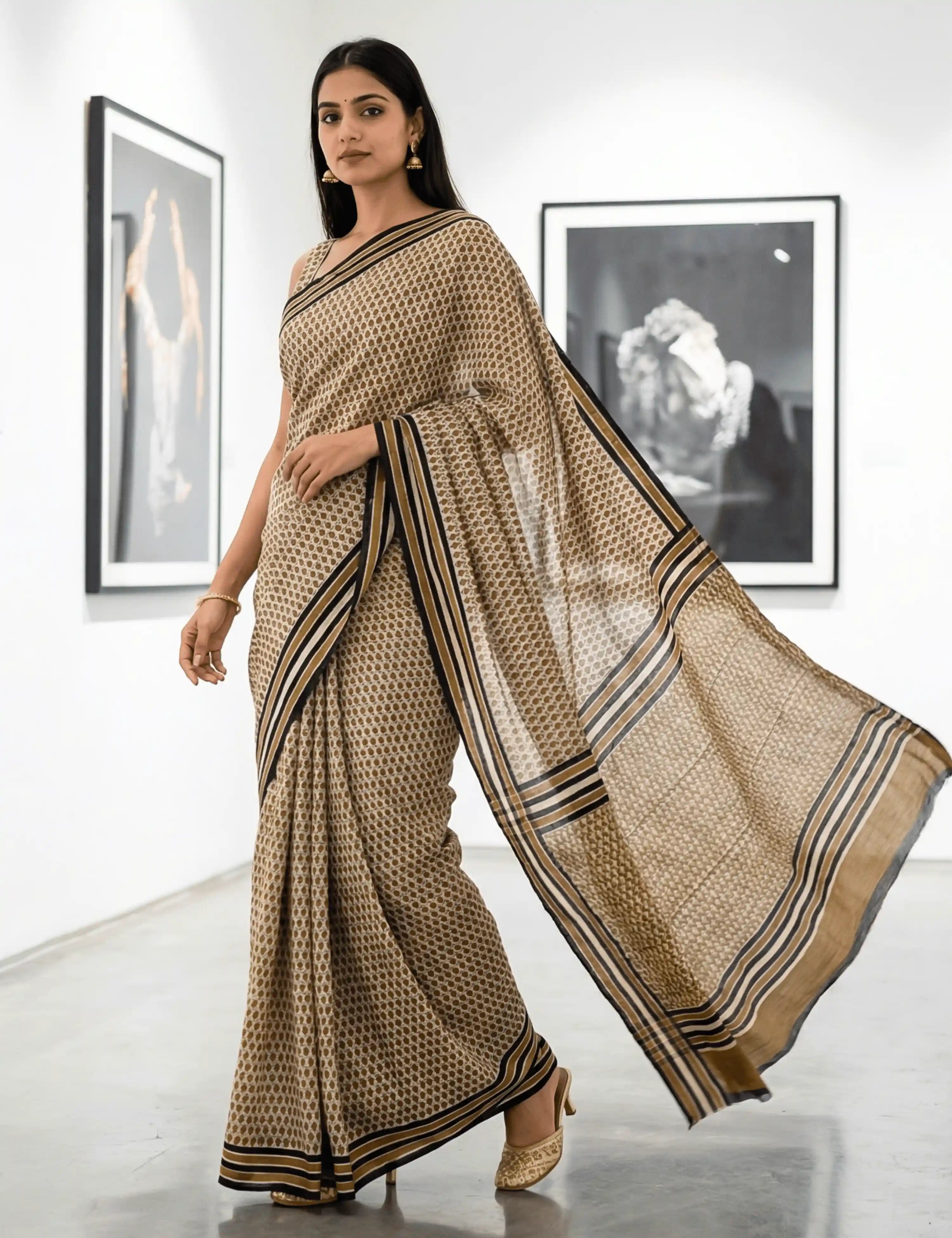 Indus Khaki Bagru Saree