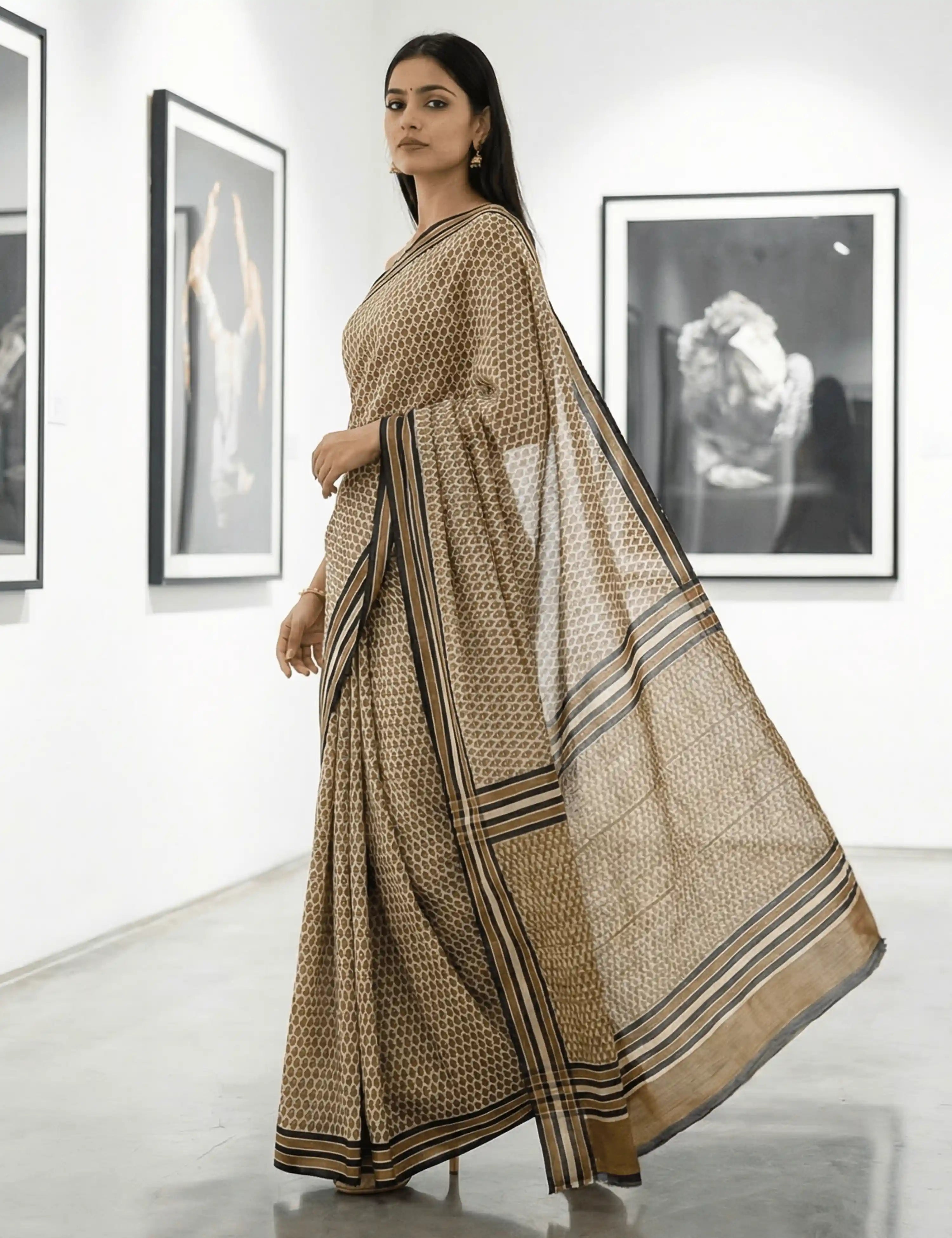 Indus Khaki Bagru Saree