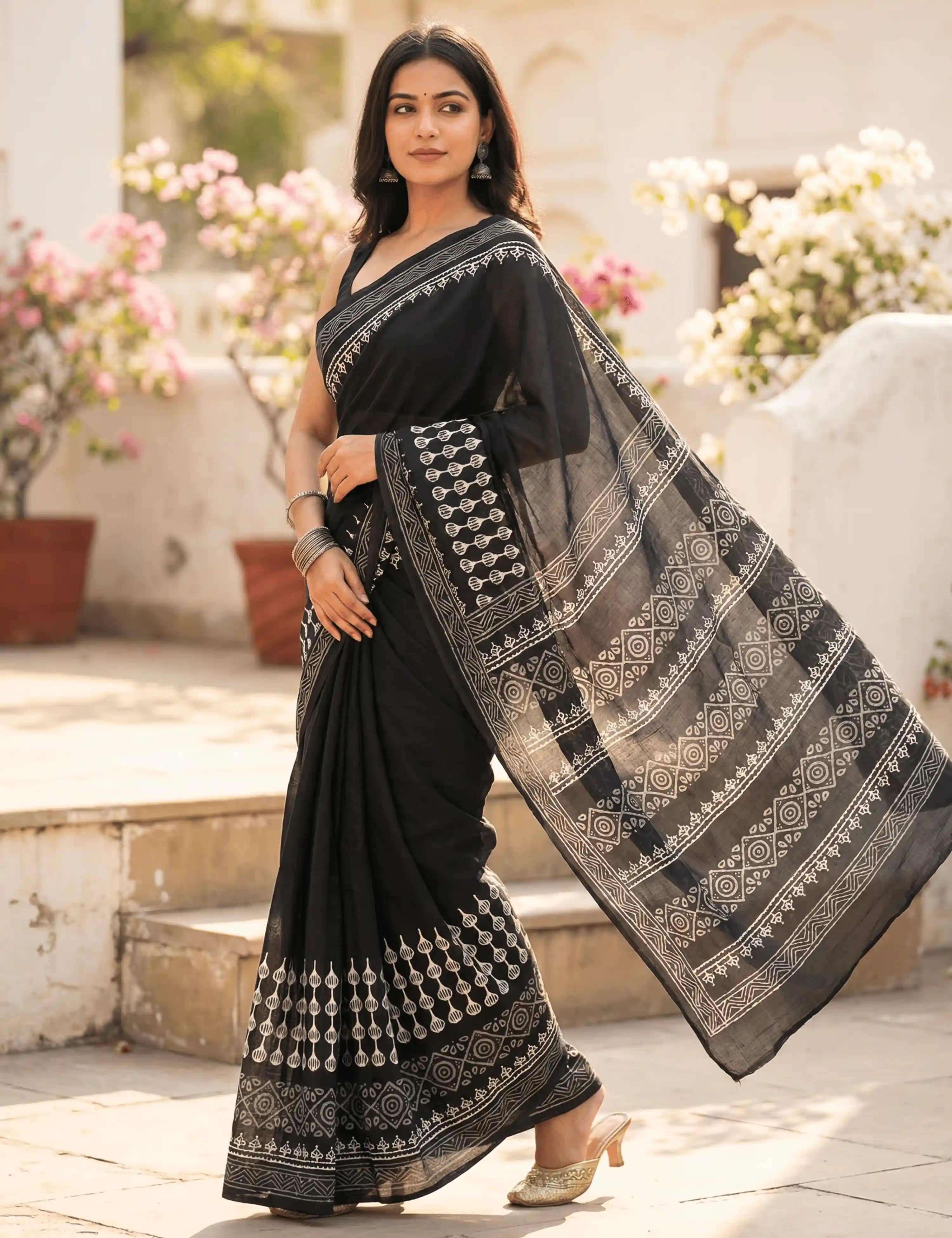 Indus Jet Black Bagru Saree