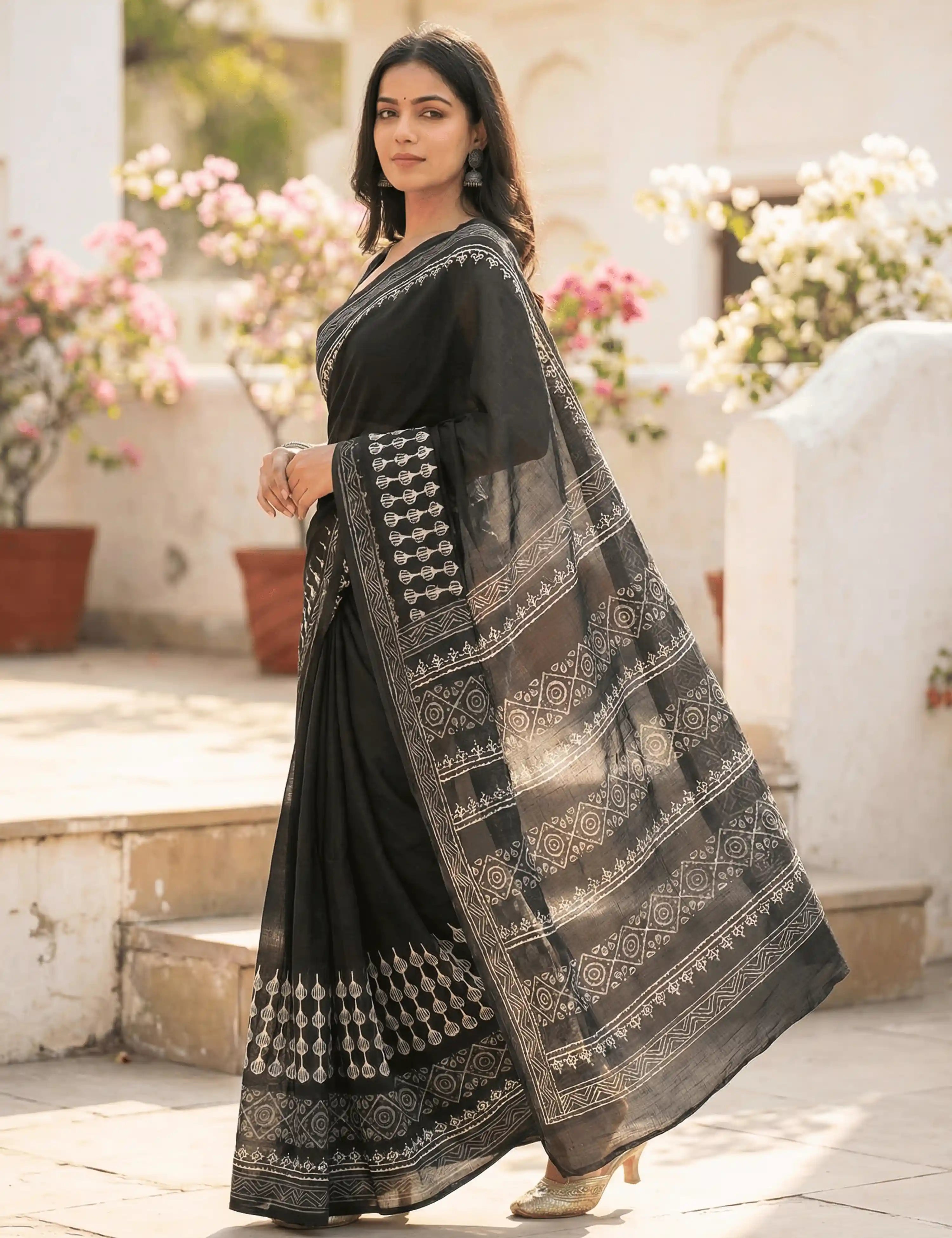 Indus Jet Black Bagru Saree