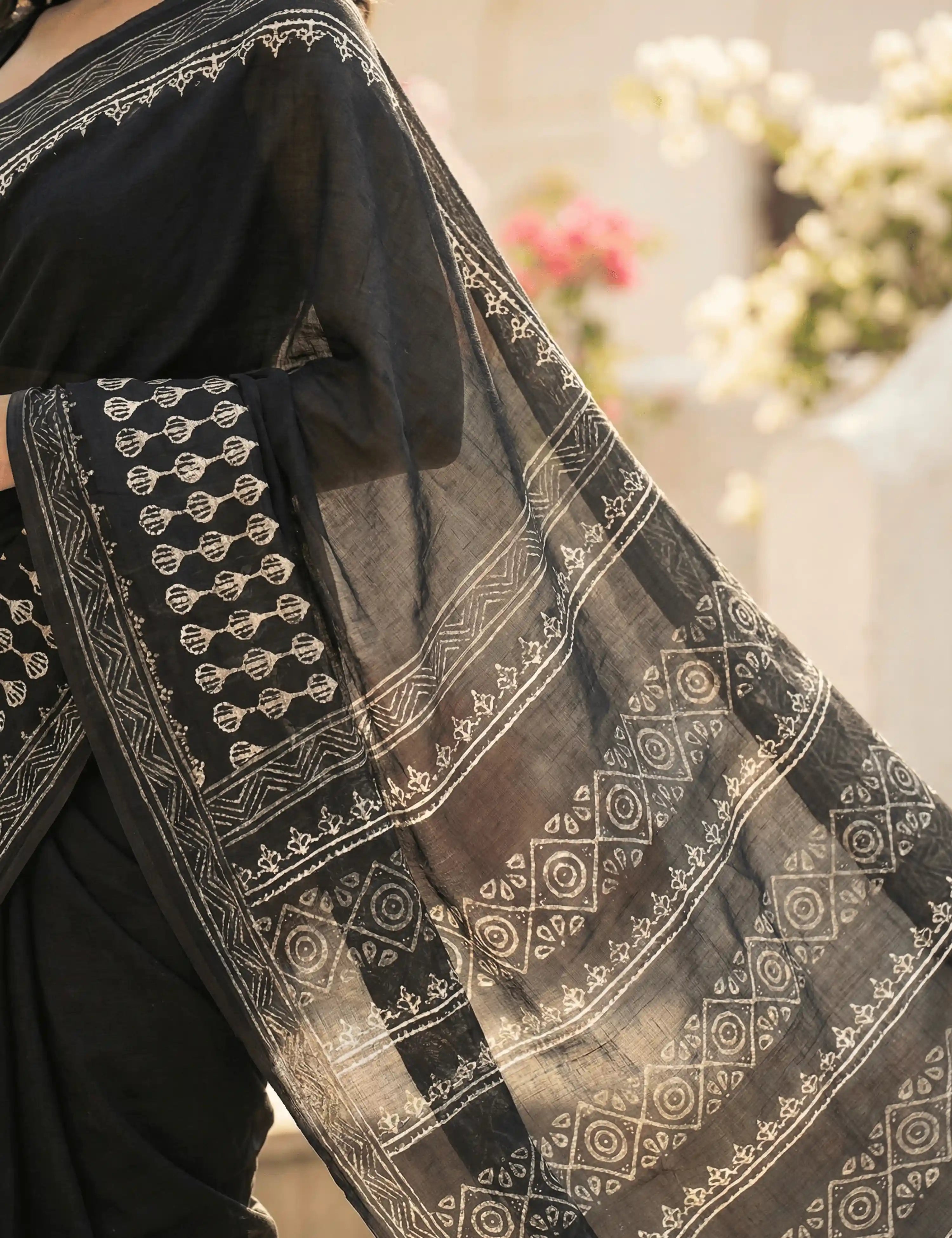 Indus Jet Black Bagru Saree