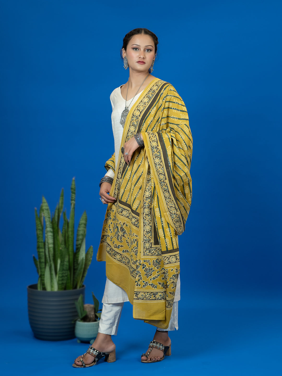Kapas Mustard Ajrakh Dupatta