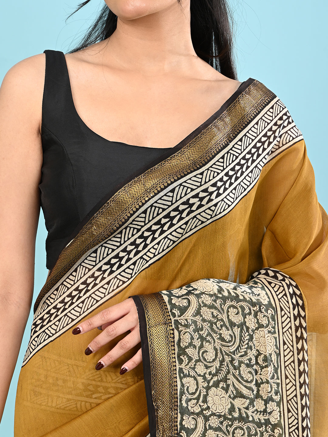 Pushpavali Mustard Block Print Saree