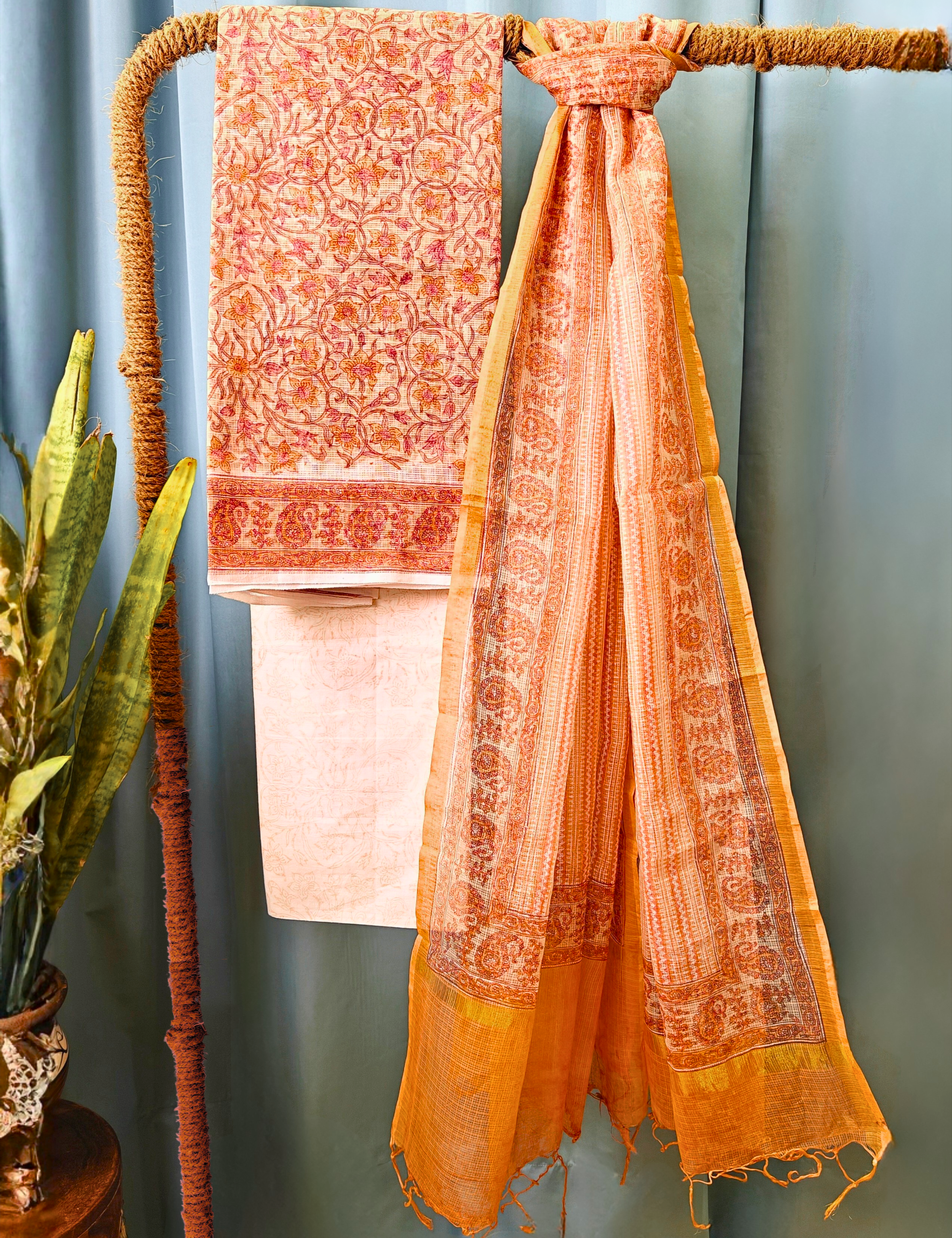 Vaayu Beige Bagru Dress Material