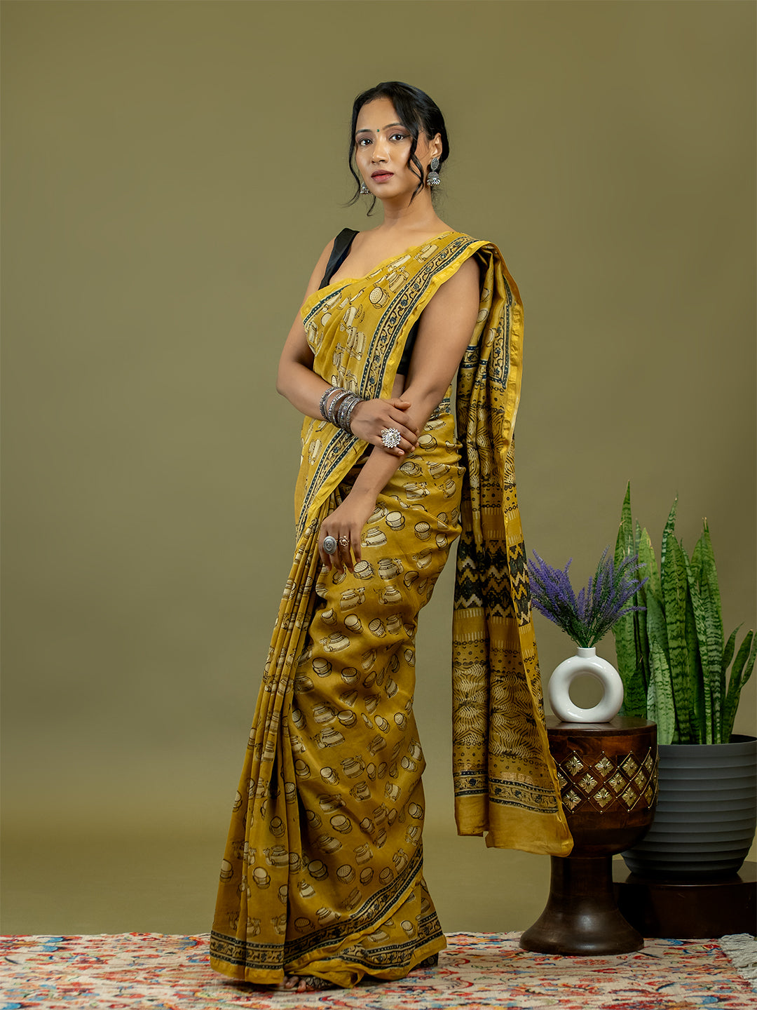 Avani Mustard Ajrakh Saree