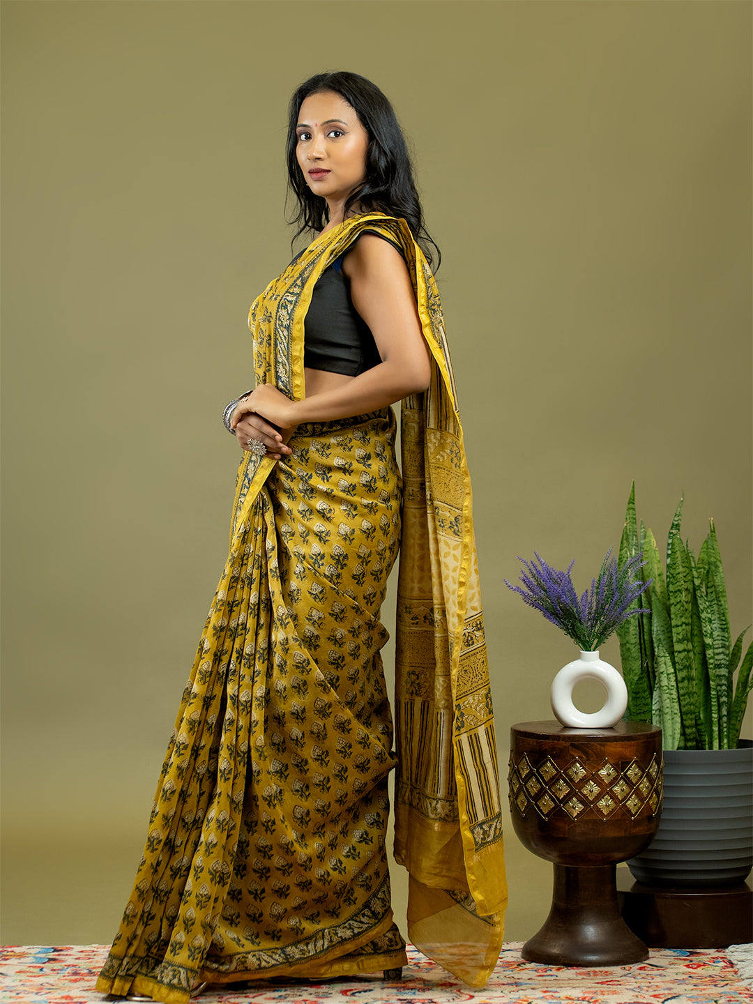 Saanjhi Mustard Ajrakh Saree
