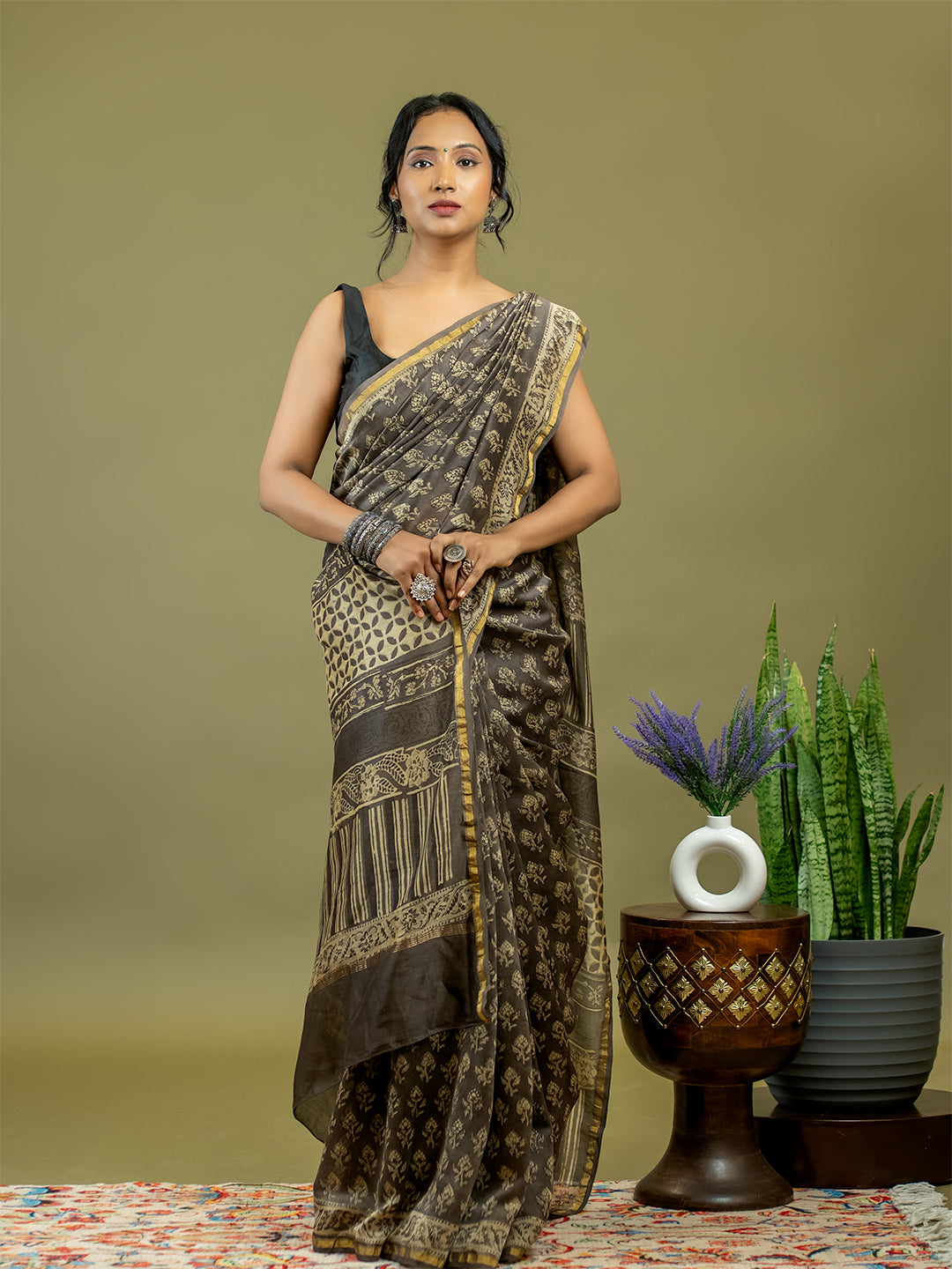 Saanjhi Brown Ajrakh Saree