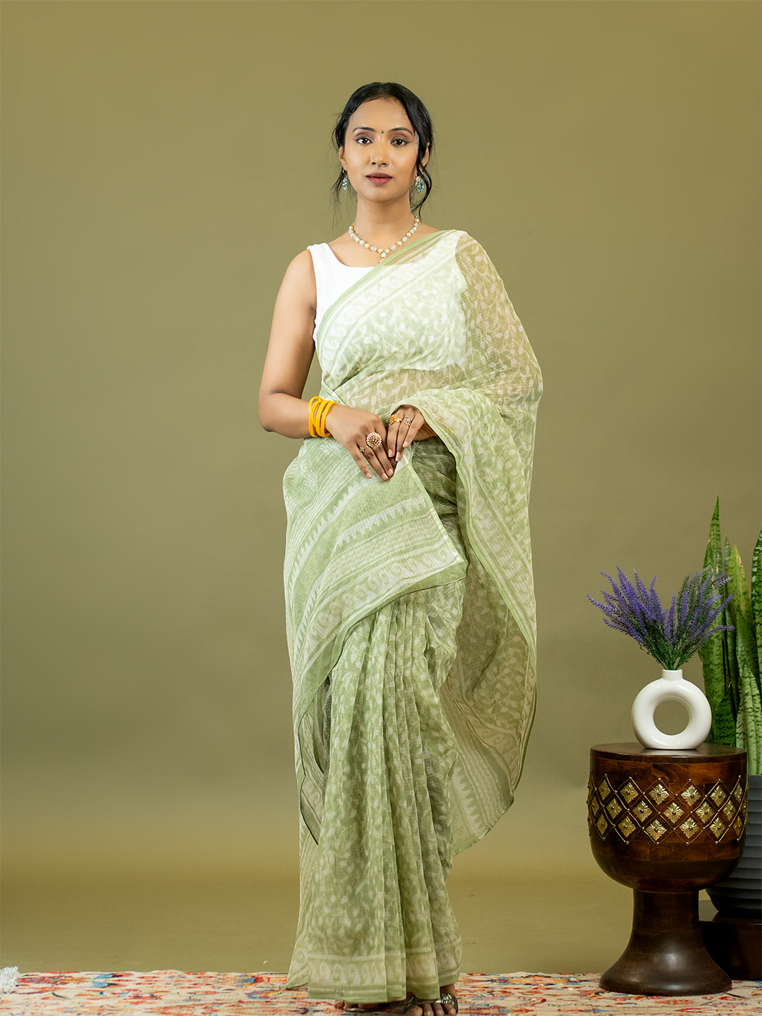 Vistaar Lime Green Dabu Saree