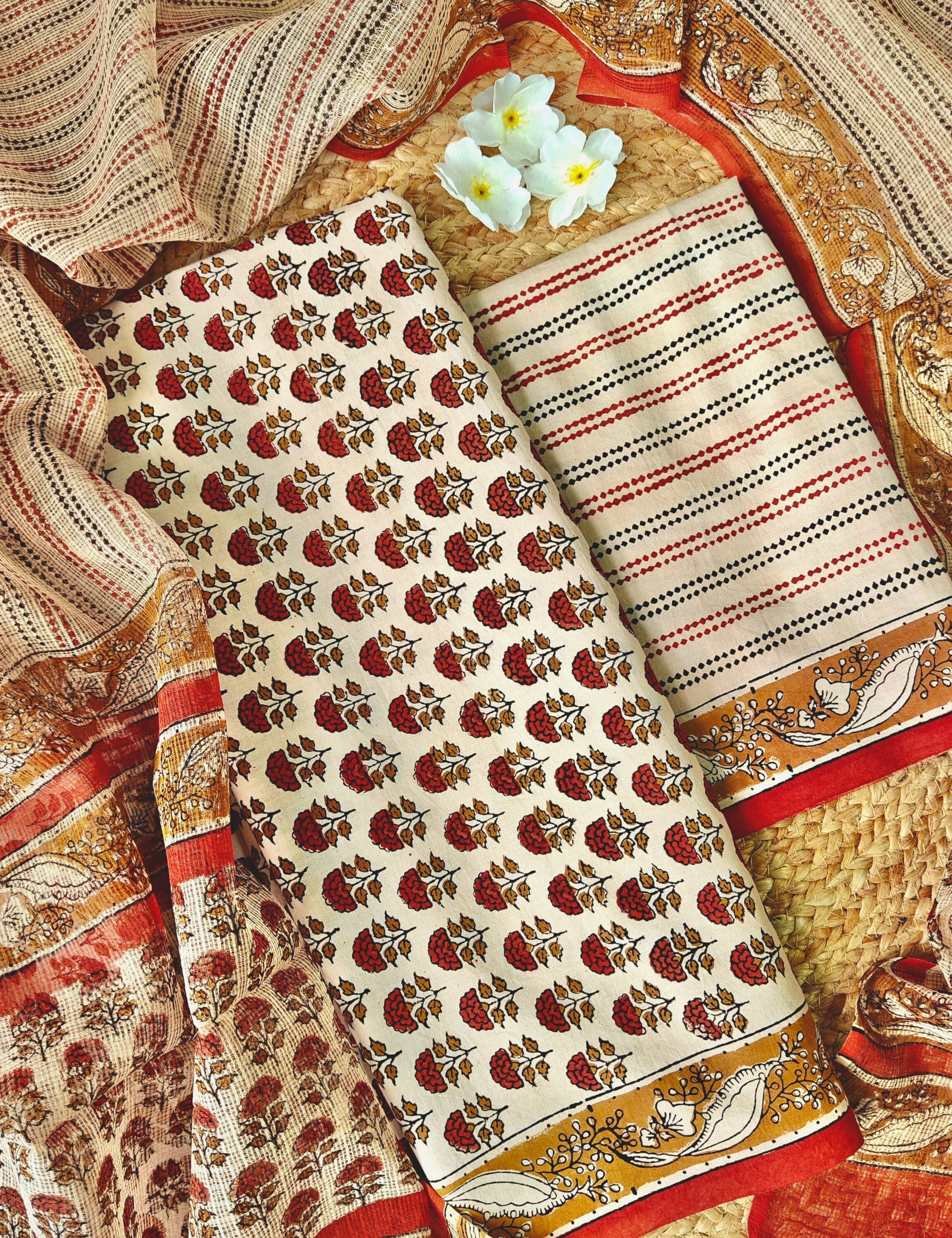 Bagicha Cream Bagru Dress Material