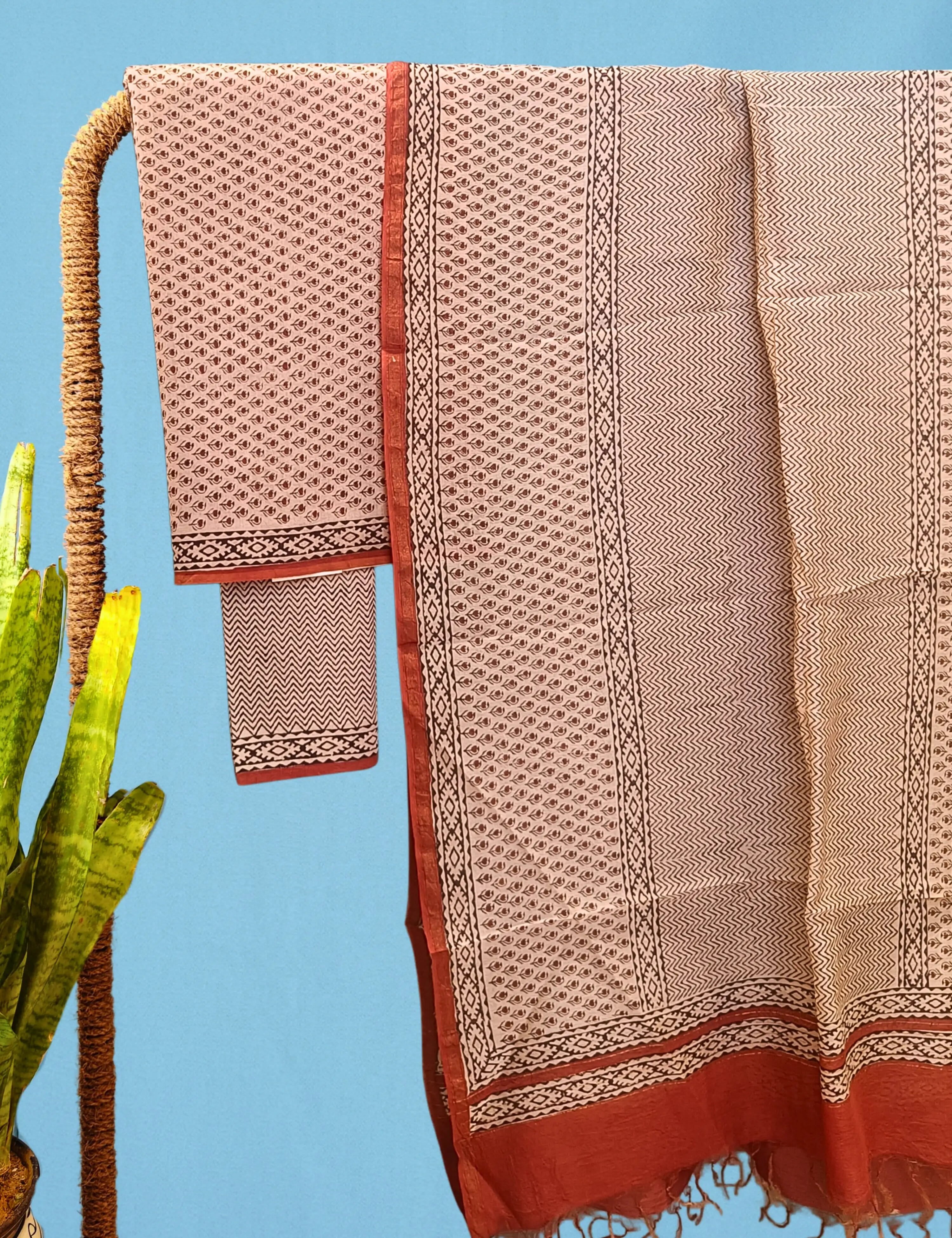 Zhanak Beige Bagru Dress Material