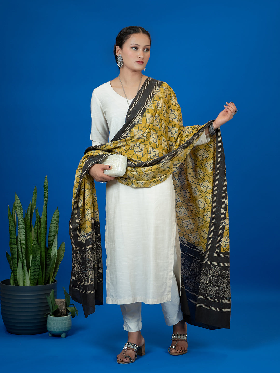Kapas Mustard Ajrakh Dupatta