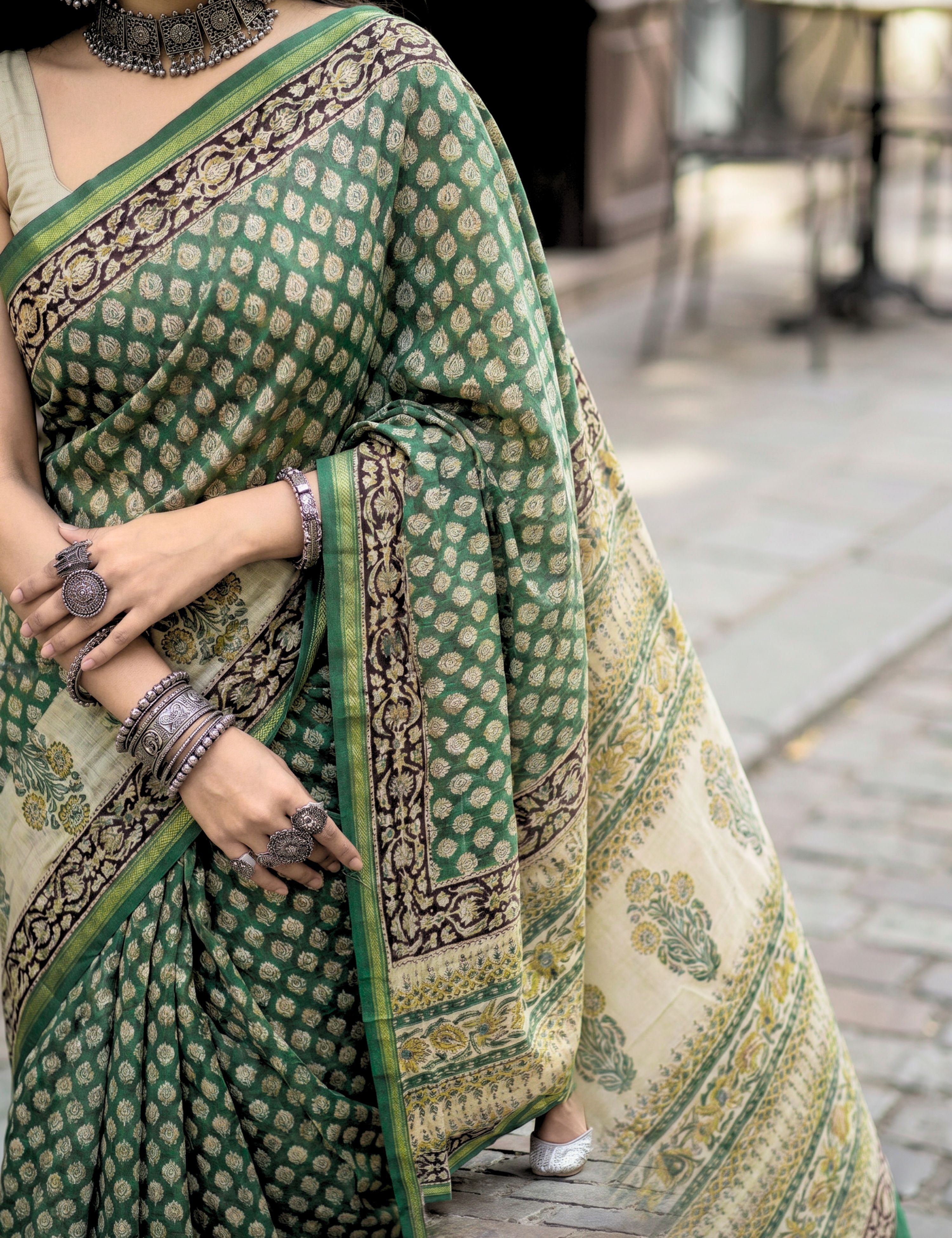 Bagh Green Bagru Saree