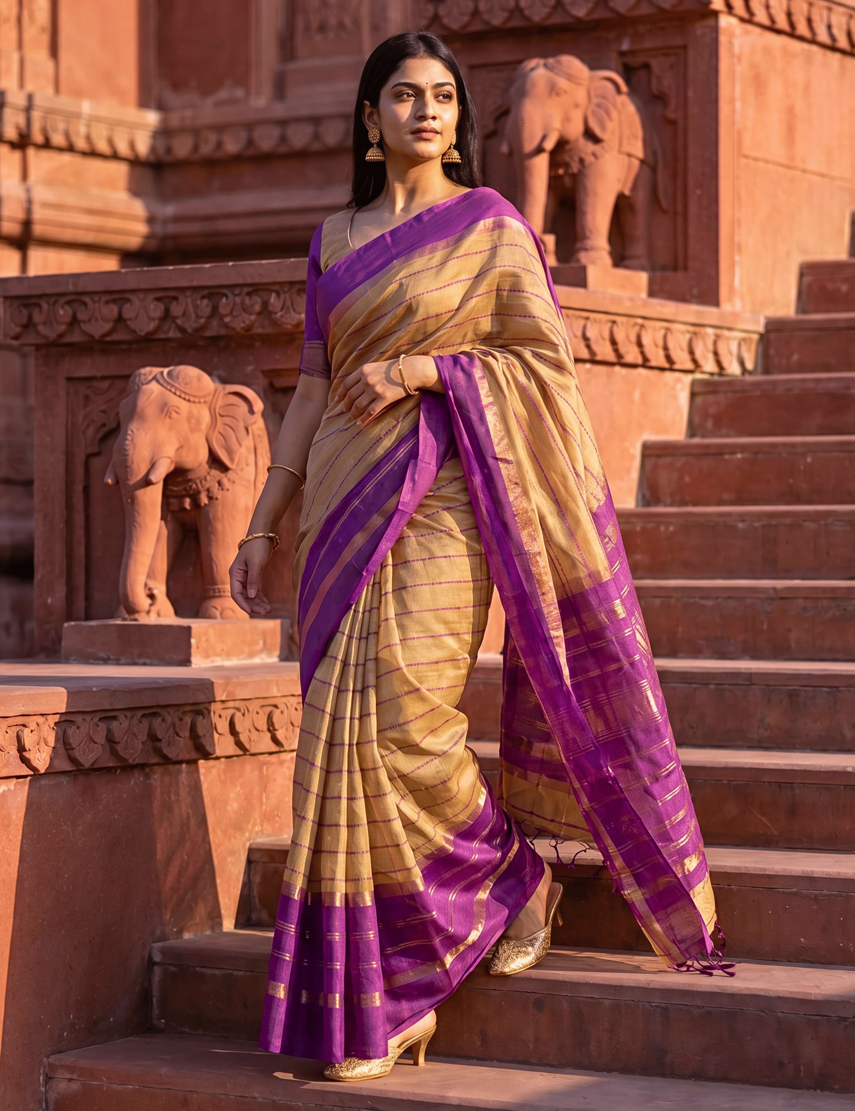 Ashima Beige Negamam Cotton Saree