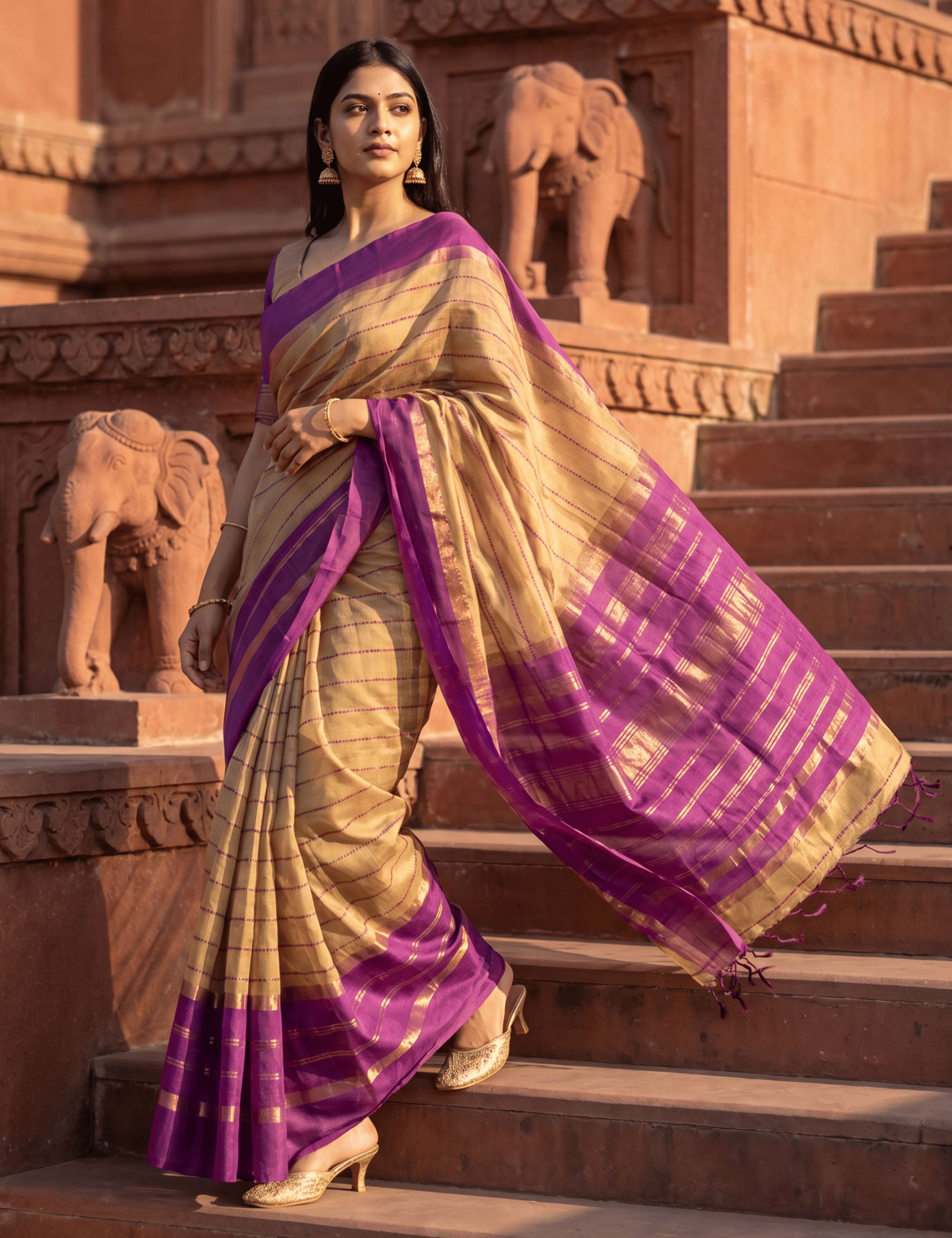Ashima Beige Negamam Cotton Saree