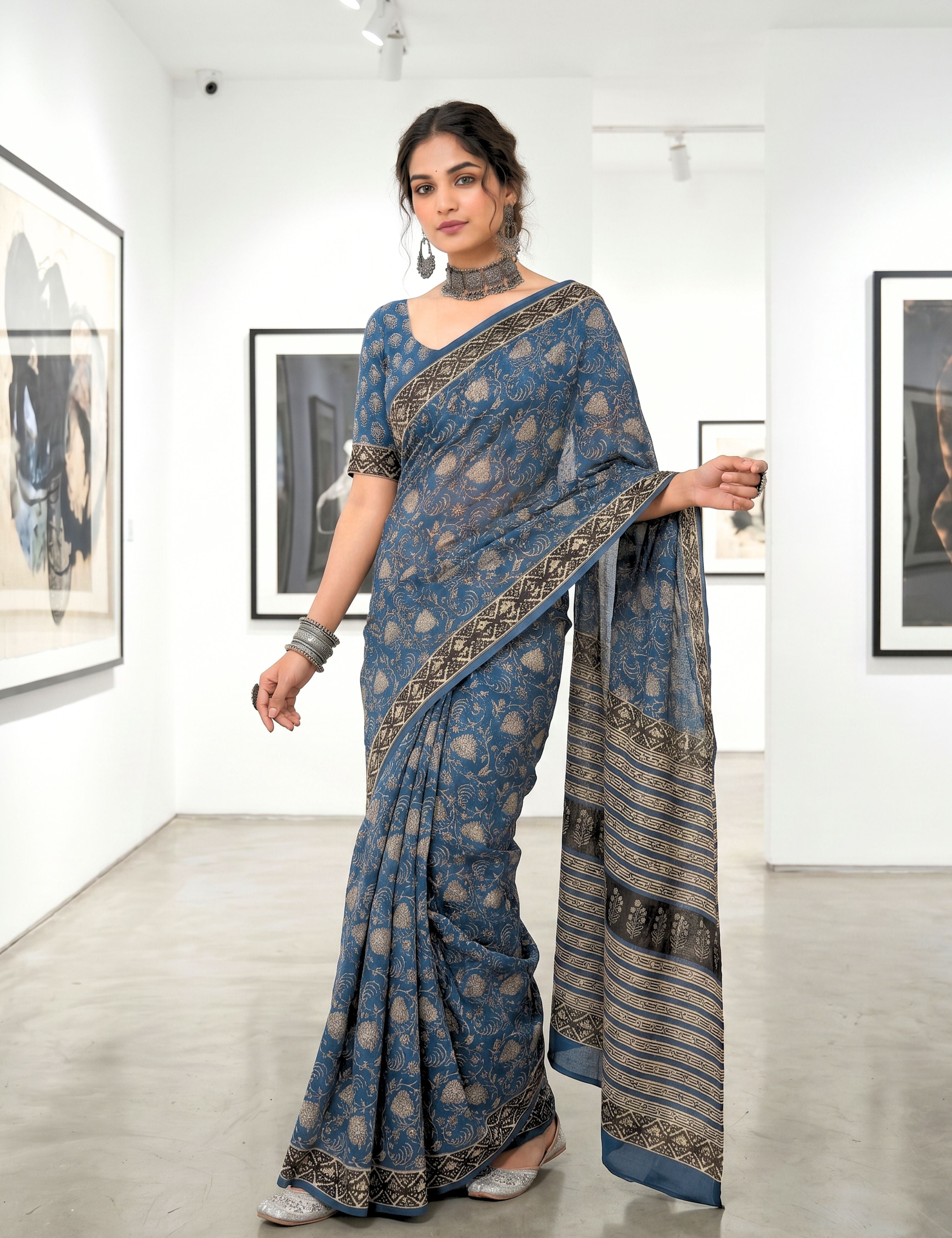 Chaya Blue Bagru Saree